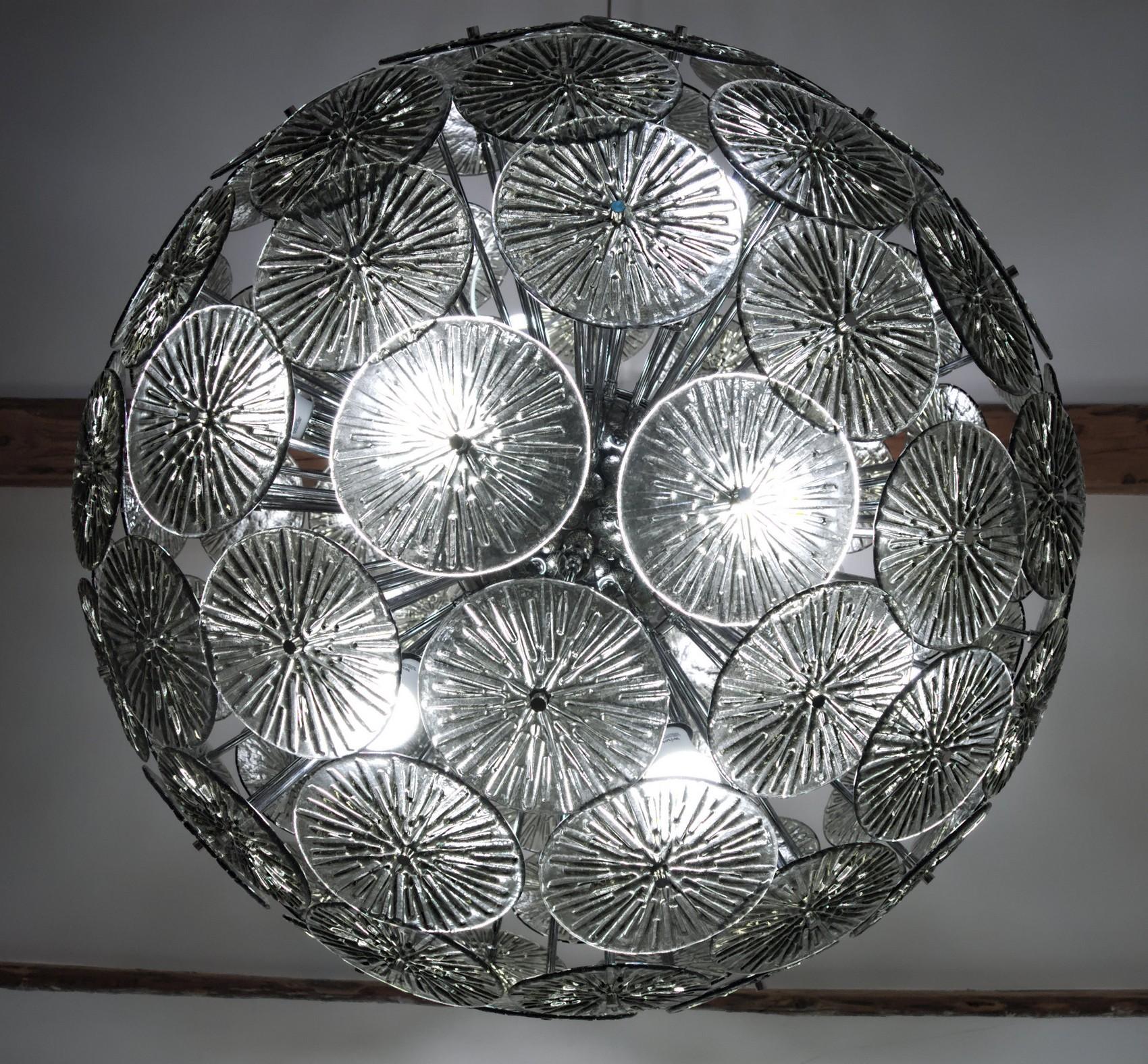 Midcentury Murano Dandelion Sputnik Chandelier Gray Glass Discs Chrome Hardware 2
