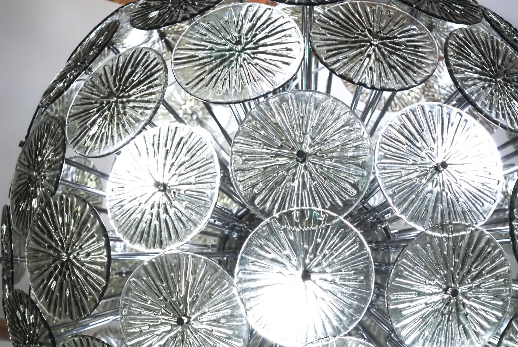 Midcentury Murano Dandelion Sputnik Chandelier Gray Glass Discs Chrome Hardware 7