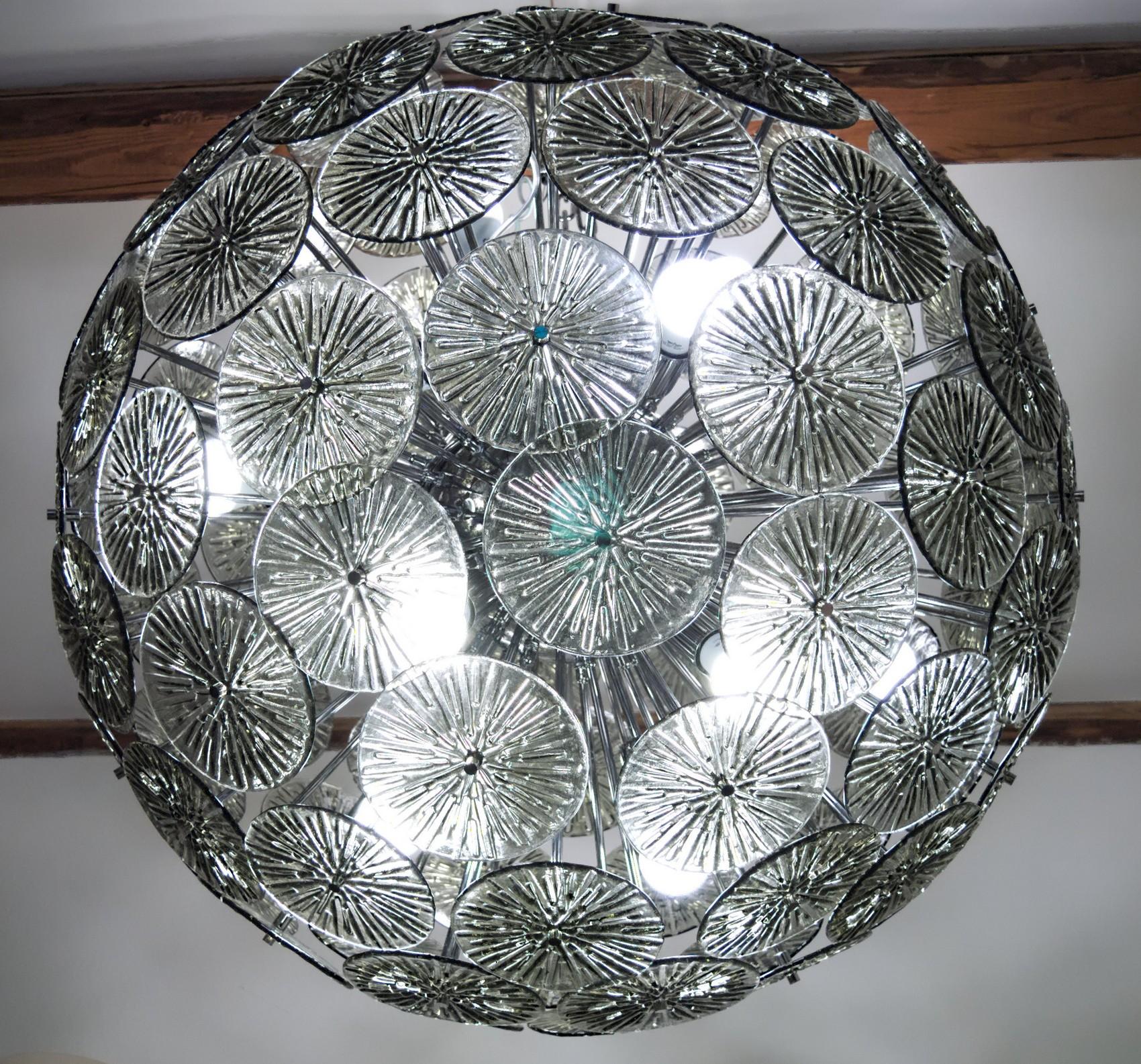 Mid-Century Modern Midcentury Murano Dandelion Sputnik Chandelier Gray Glass Discs Chrome Hardware