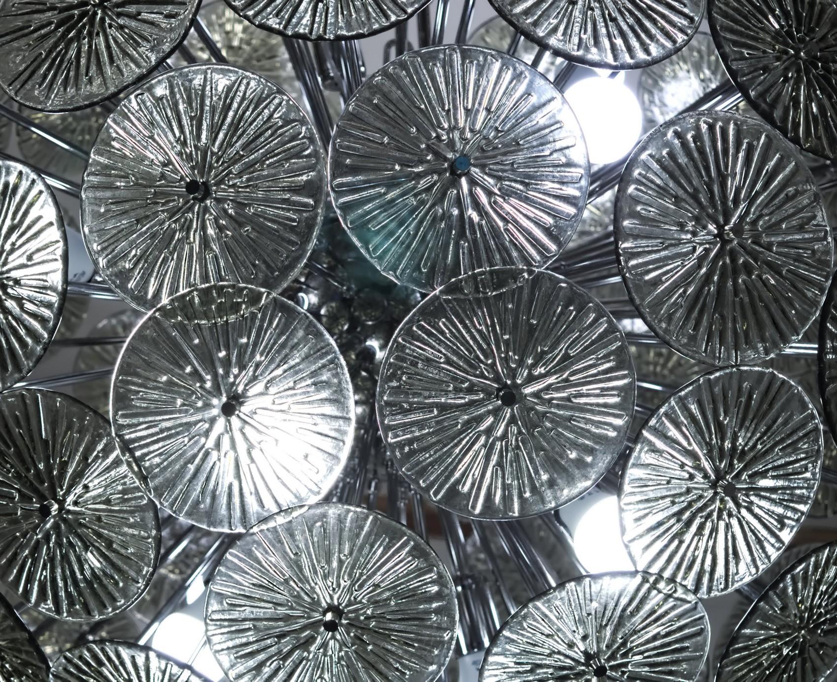 Italian Midcentury Murano Dandelion Sputnik Chandelier Gray Glass Discs Chrome Hardware