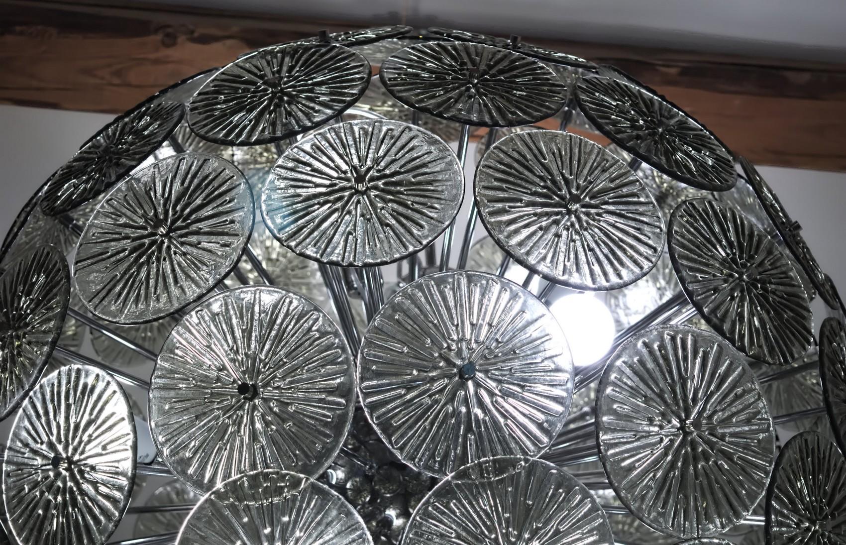 Midcentury Murano Dandelion Sputnik Chandelier Gray Glass Discs Chrome Hardware 1