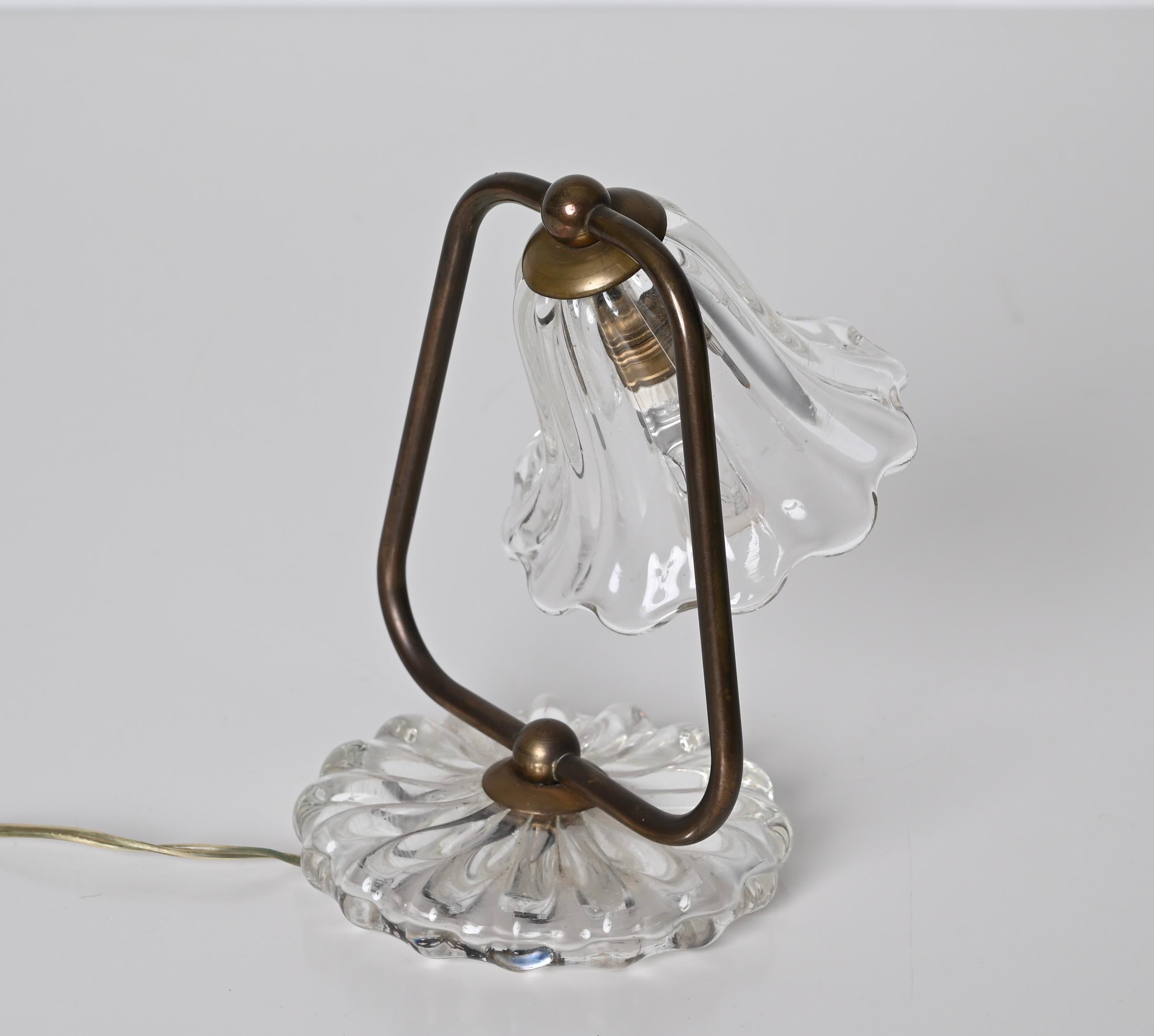 Italian Midcentury Murano Glass and Brass, Bell Table Lamp, Italy, 1940s