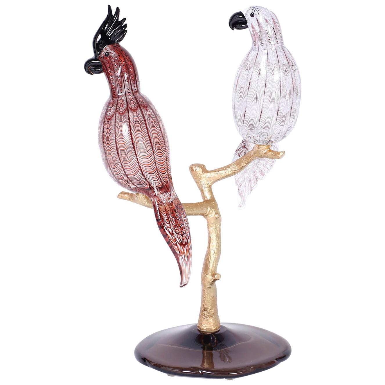 Midcentury Murano Glass and Bronze Sculpture with Two Birds by Zico Zanetti