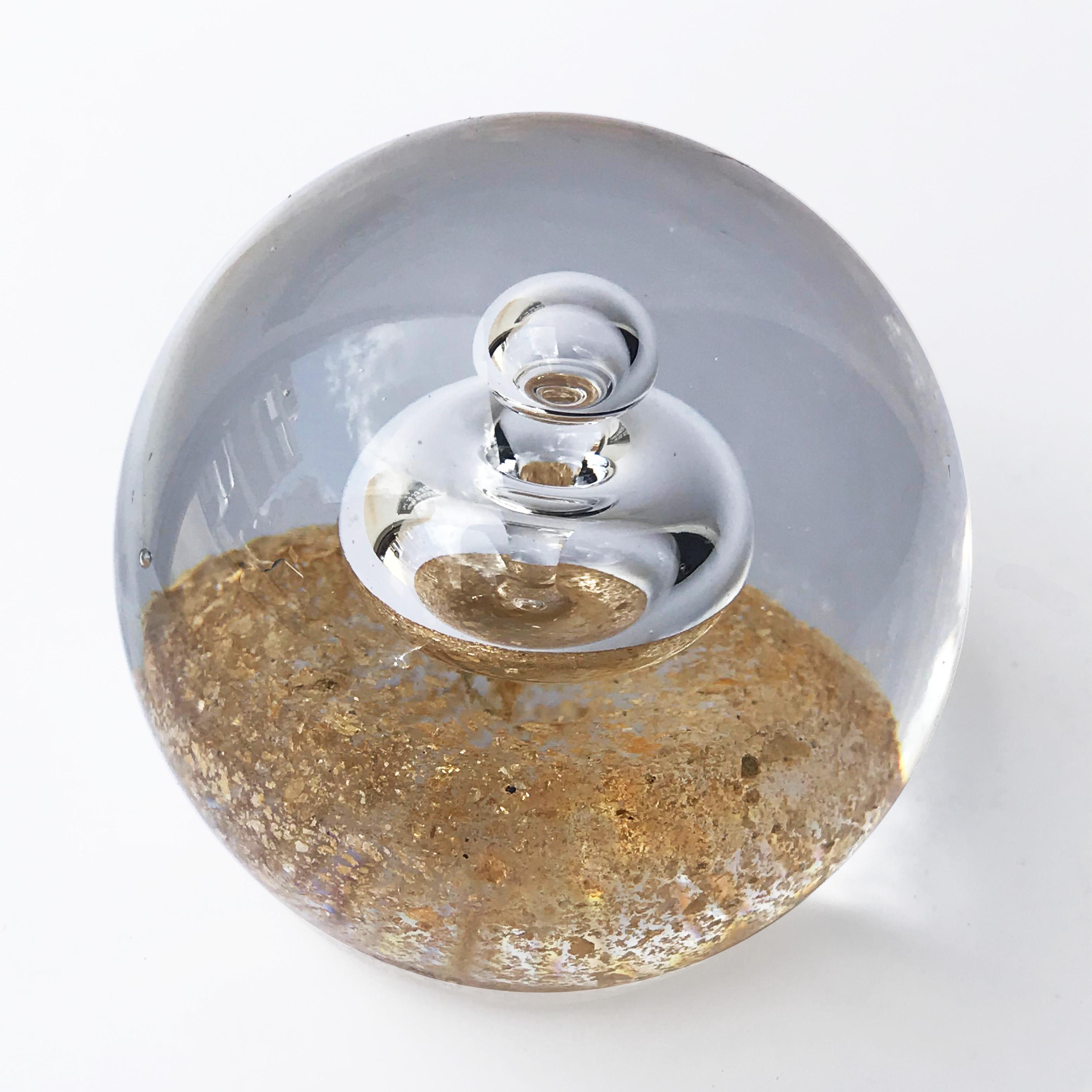 Italian Midcentury Murano Glass and Gold Dust Spherical Paperweight with Bubbles, 1970s For Sale