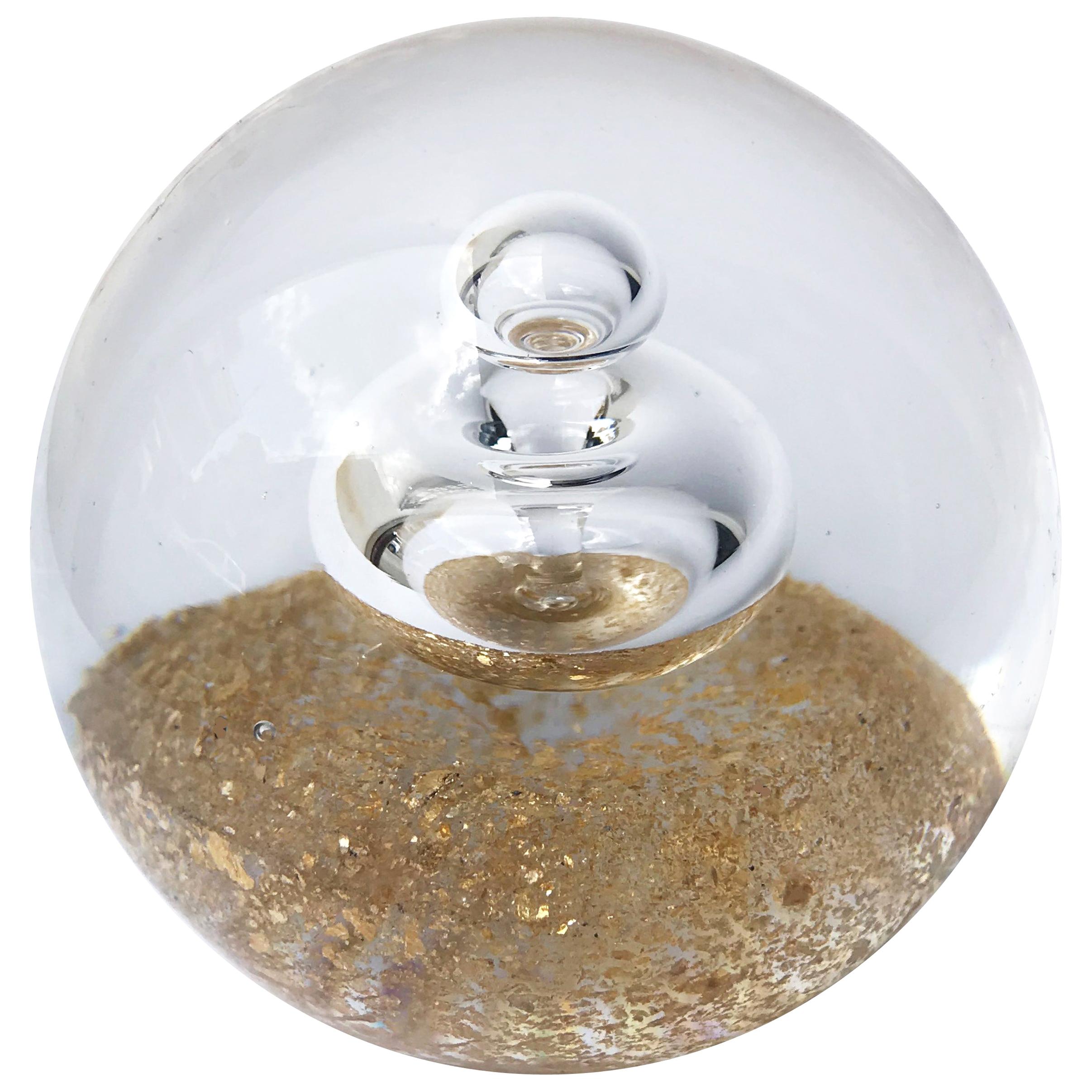 Midcentury Murano Glass and Gold Dust Spherical Paperweight with Bubbles, 1970s For Sale