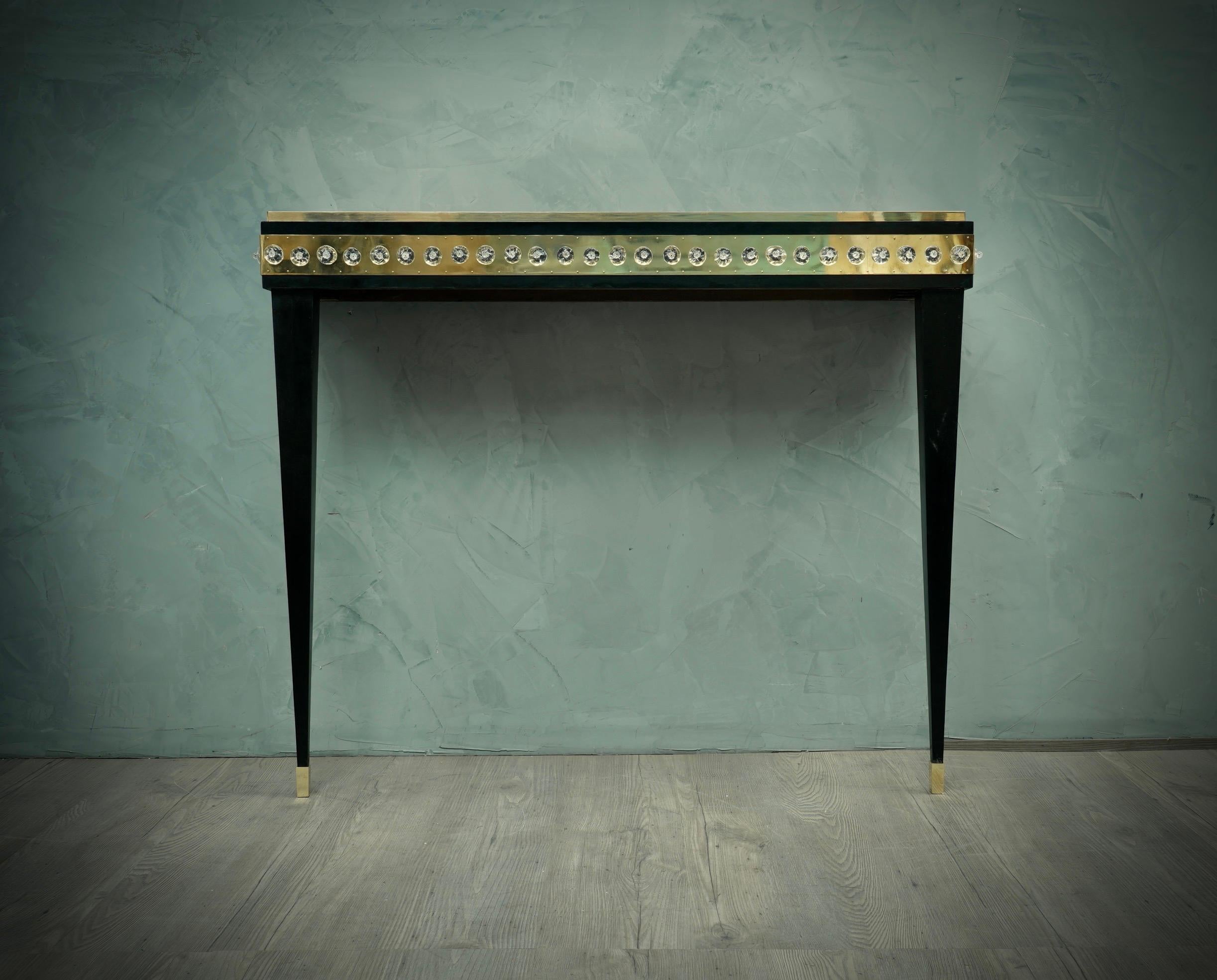 Mid-Century Modern Midcentury Murano Glass Brass and Goatskin Console Table, 1950 For Sale