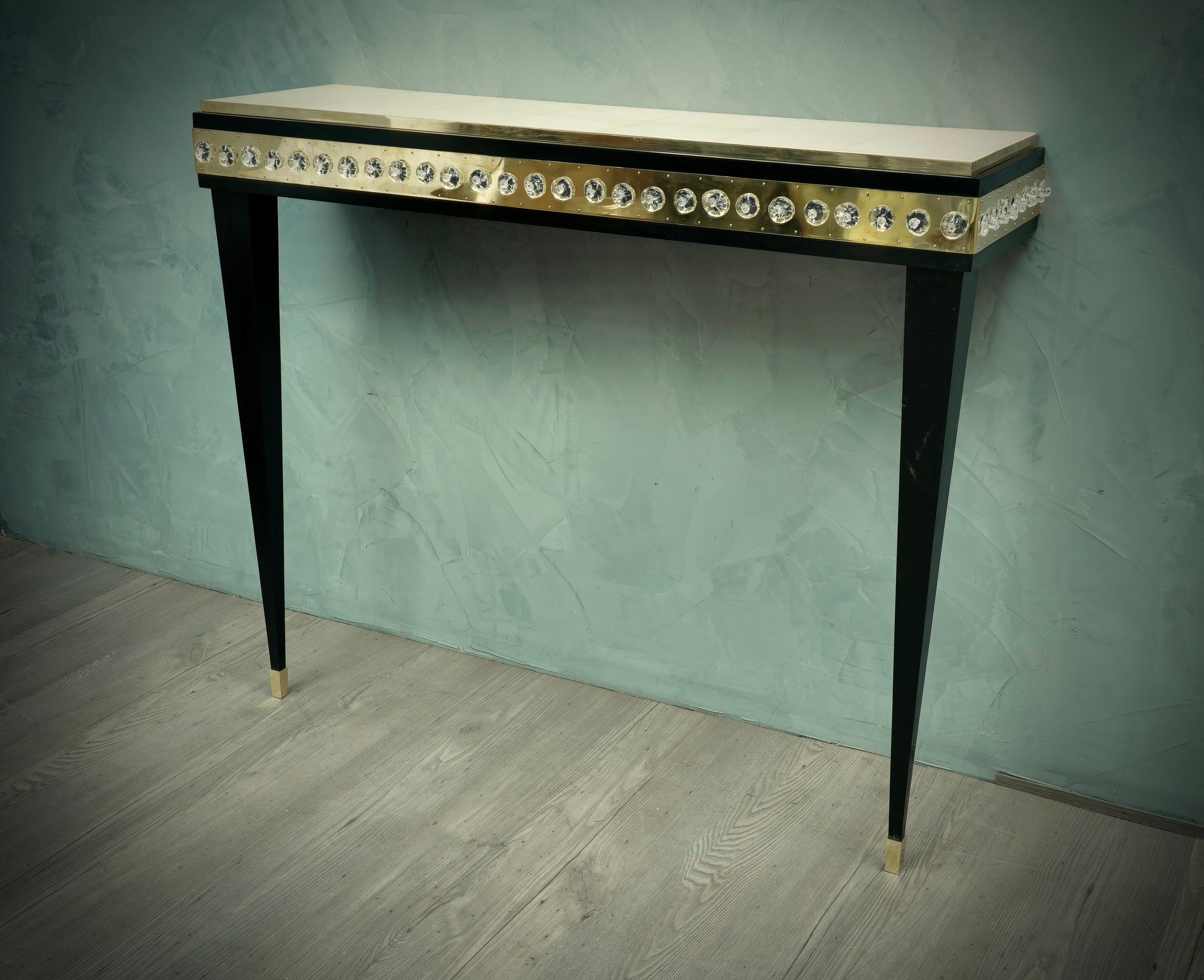 Midcentury Murano Glass Brass and Goatskin Console Table, 1950 In Good Condition For Sale In Rome, IT