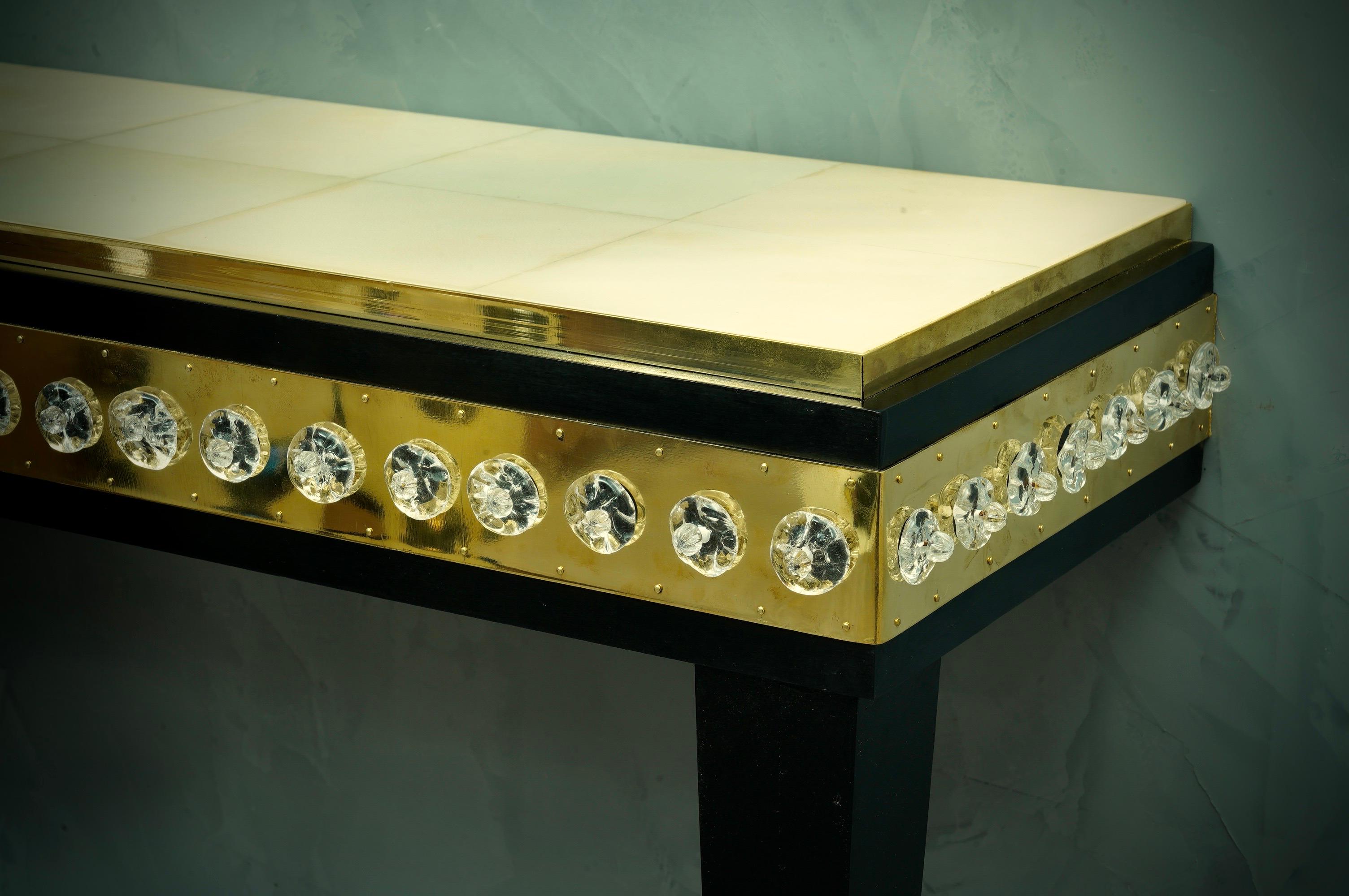 Italian Midcentury Murano Glass Brass and Goatskin Console Table, 1950 For Sale