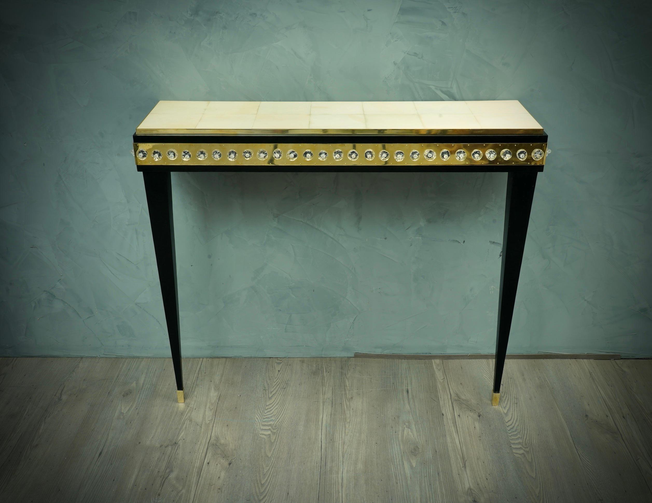 Mid-20th Century Midcentury Murano Glass Brass and Goatskin Console Table, 1950 For Sale