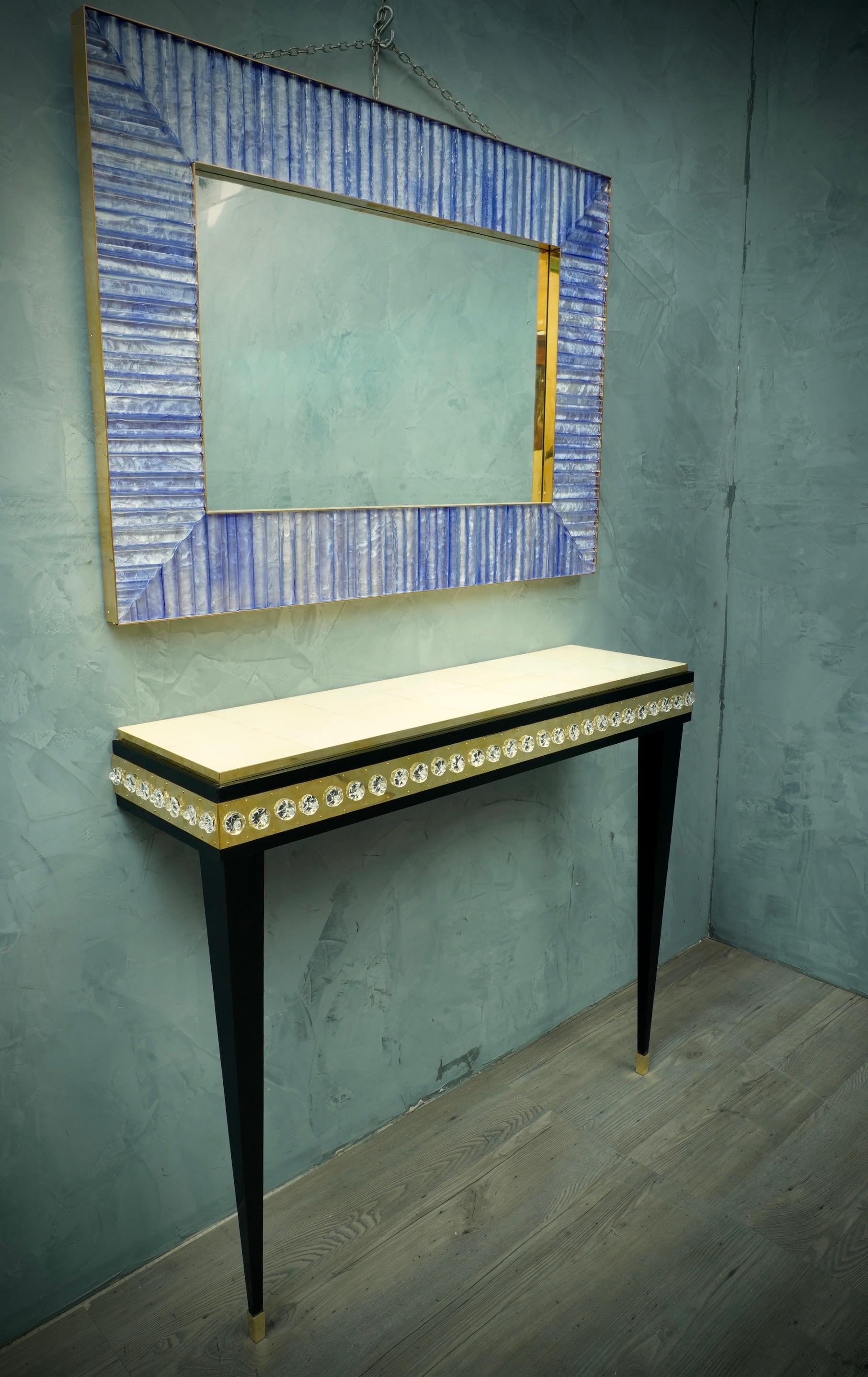 Midcentury Murano Glass Brass and Goatskin Console Table, 1950 For Sale 1