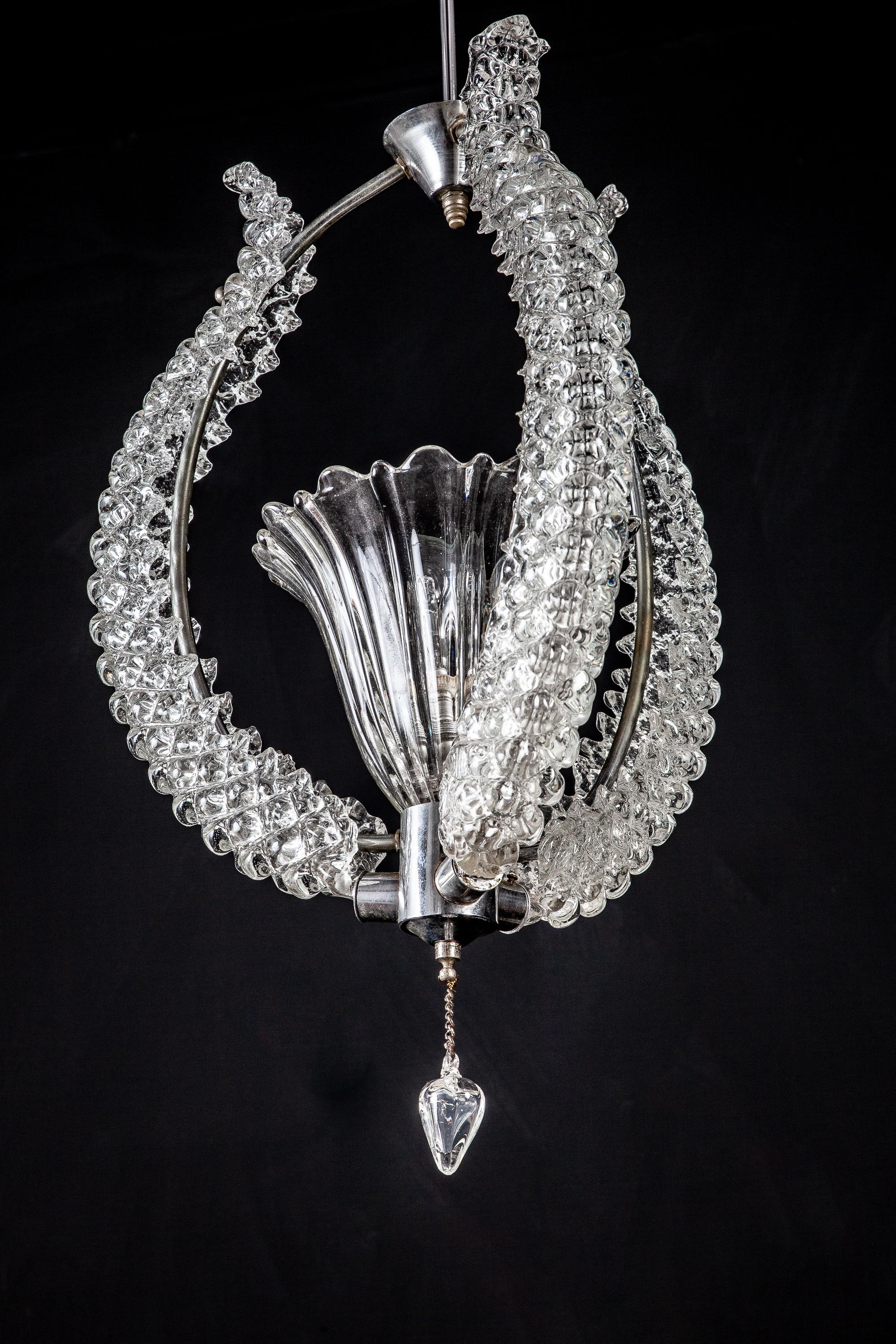 Blown Glass Midcentury Murano Glass Elegant Chandelier by Ercole Barovier, 1940s For Sale