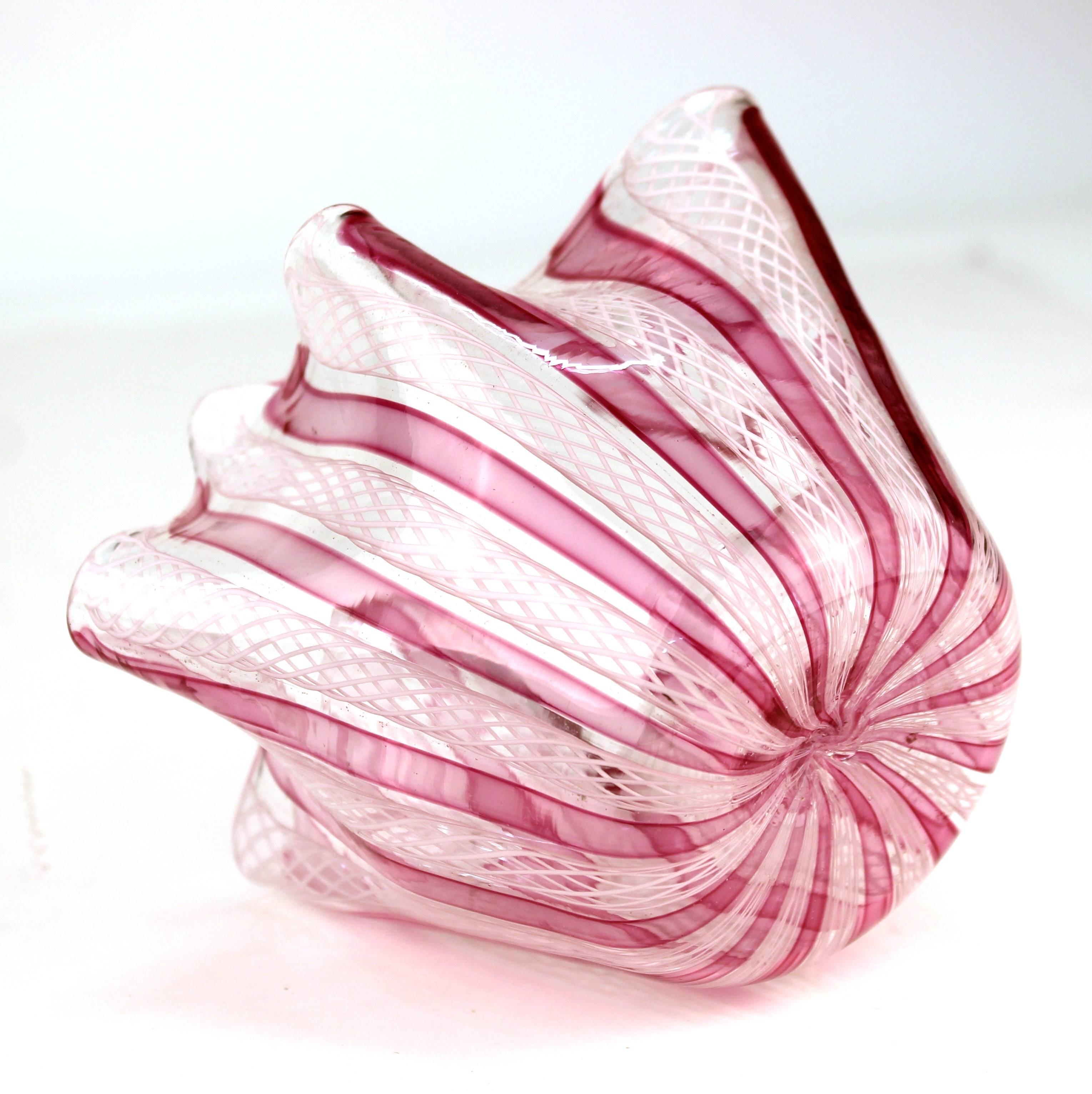 Mid-Century Modern Midcentury Murano Glass Handkerchief Vase in Pink and White