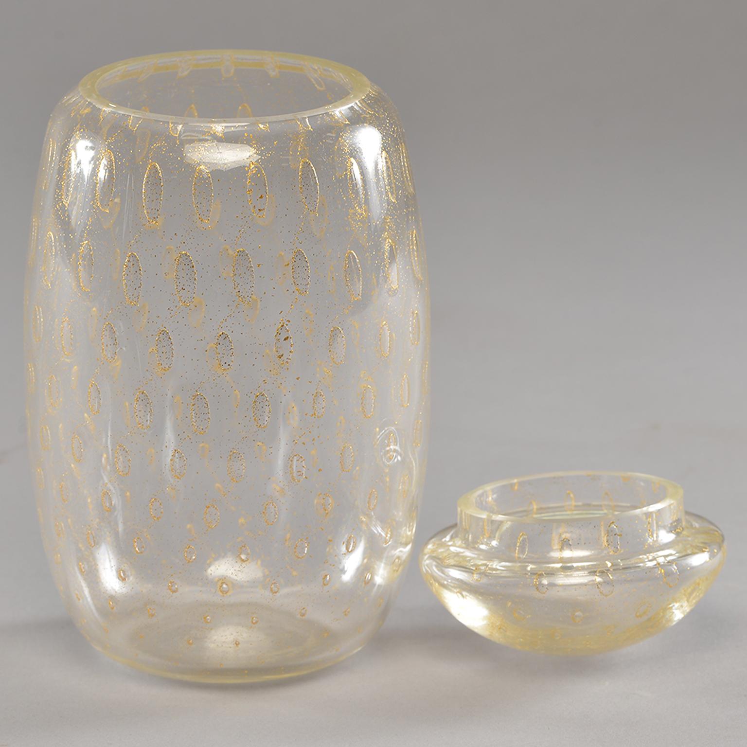Italian Midcentury Murano Glass Lidded Vessel with Gold Inclusions For Sale