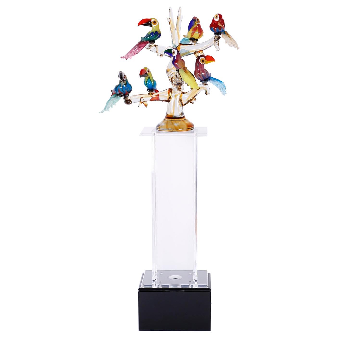Midcentury Murano Glass Sculpture of Toucans in a Tree