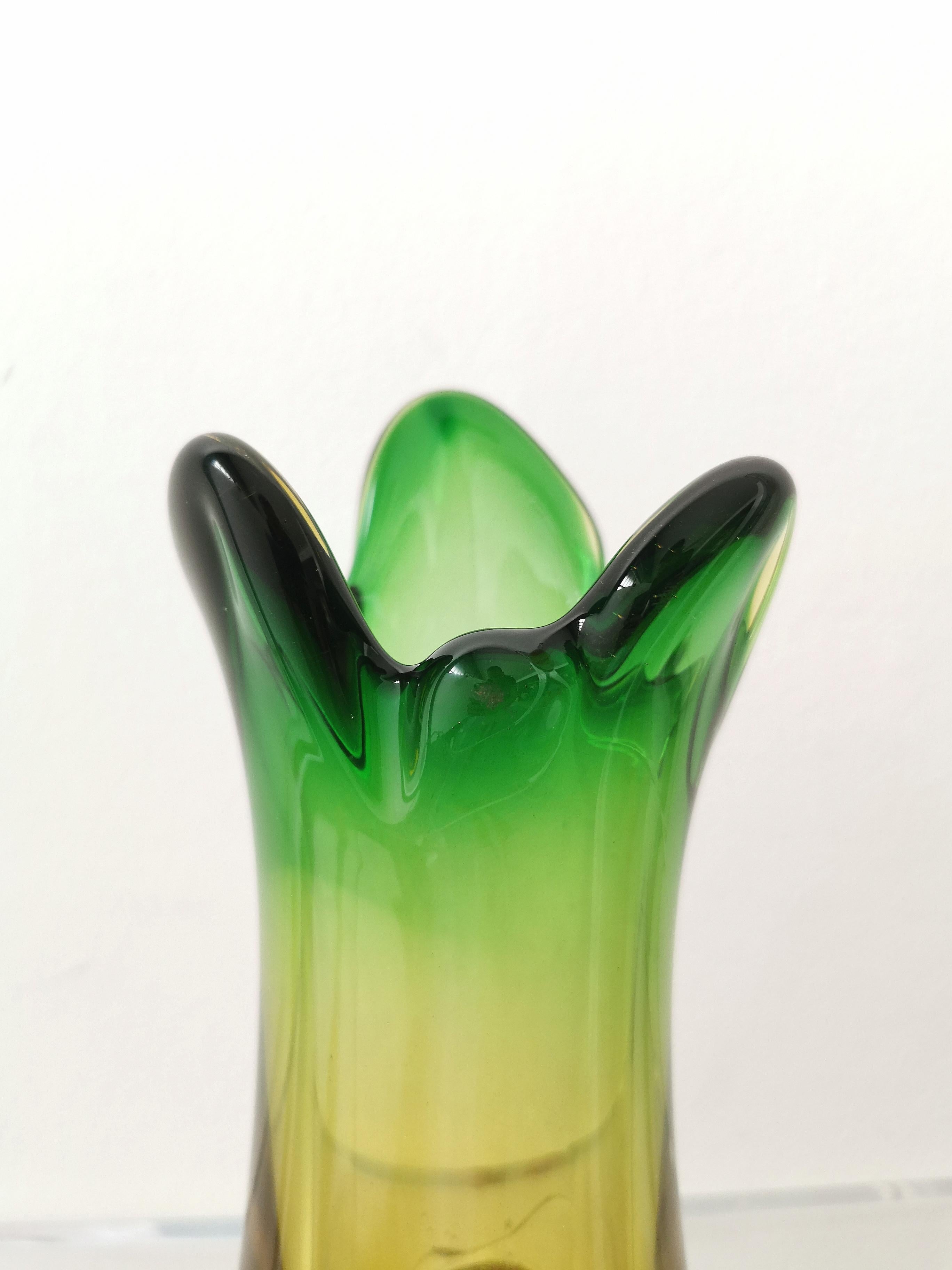 Mid-Century Modern Midcentury Murano Glass Vase De Majo Green Decorative Object Italian Design 1970