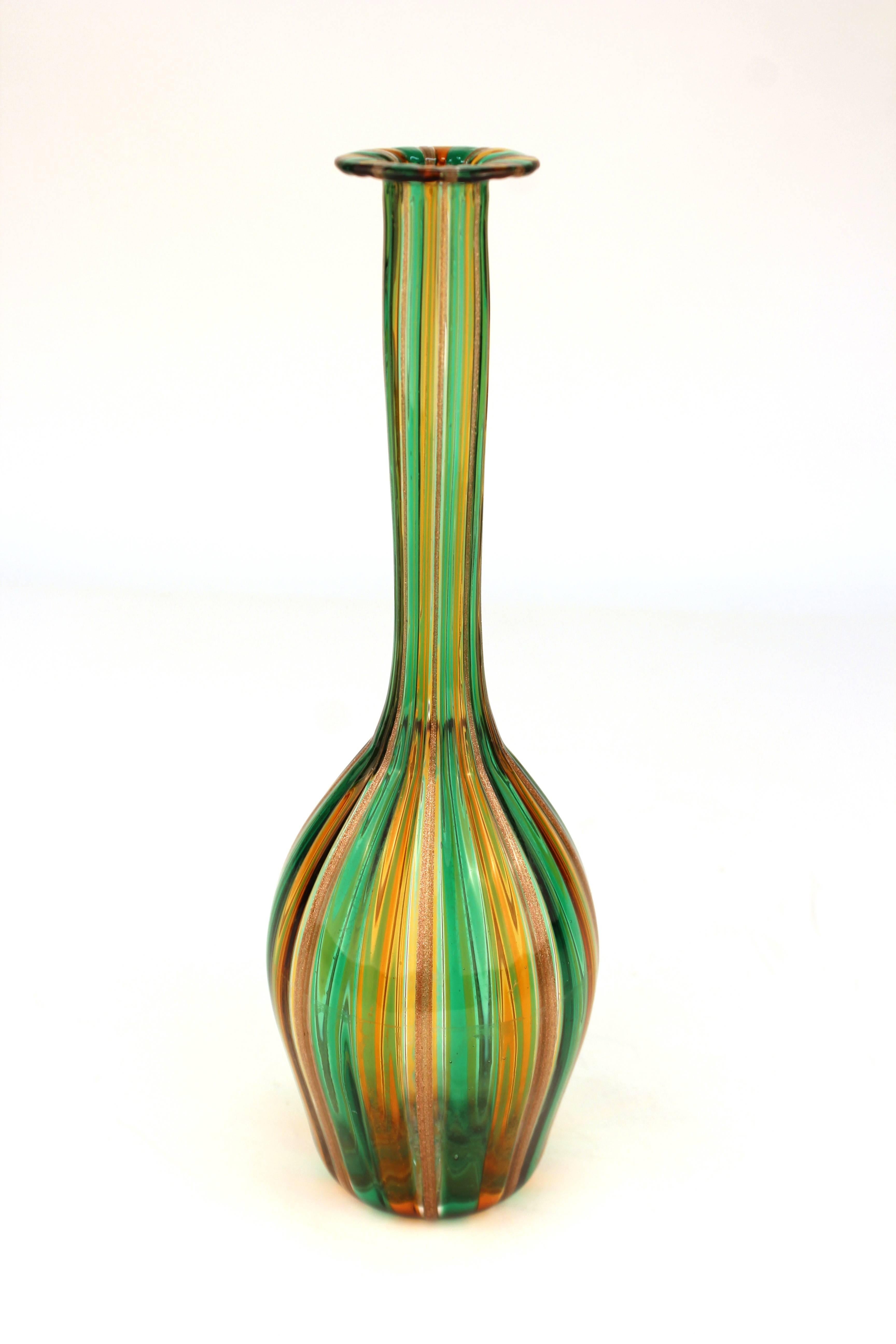 Mid-Century Modern Italian Murano long-necked glass vase with low-relief ribboning stripes in emerald green, amber and gold dust. In good vintage condition.