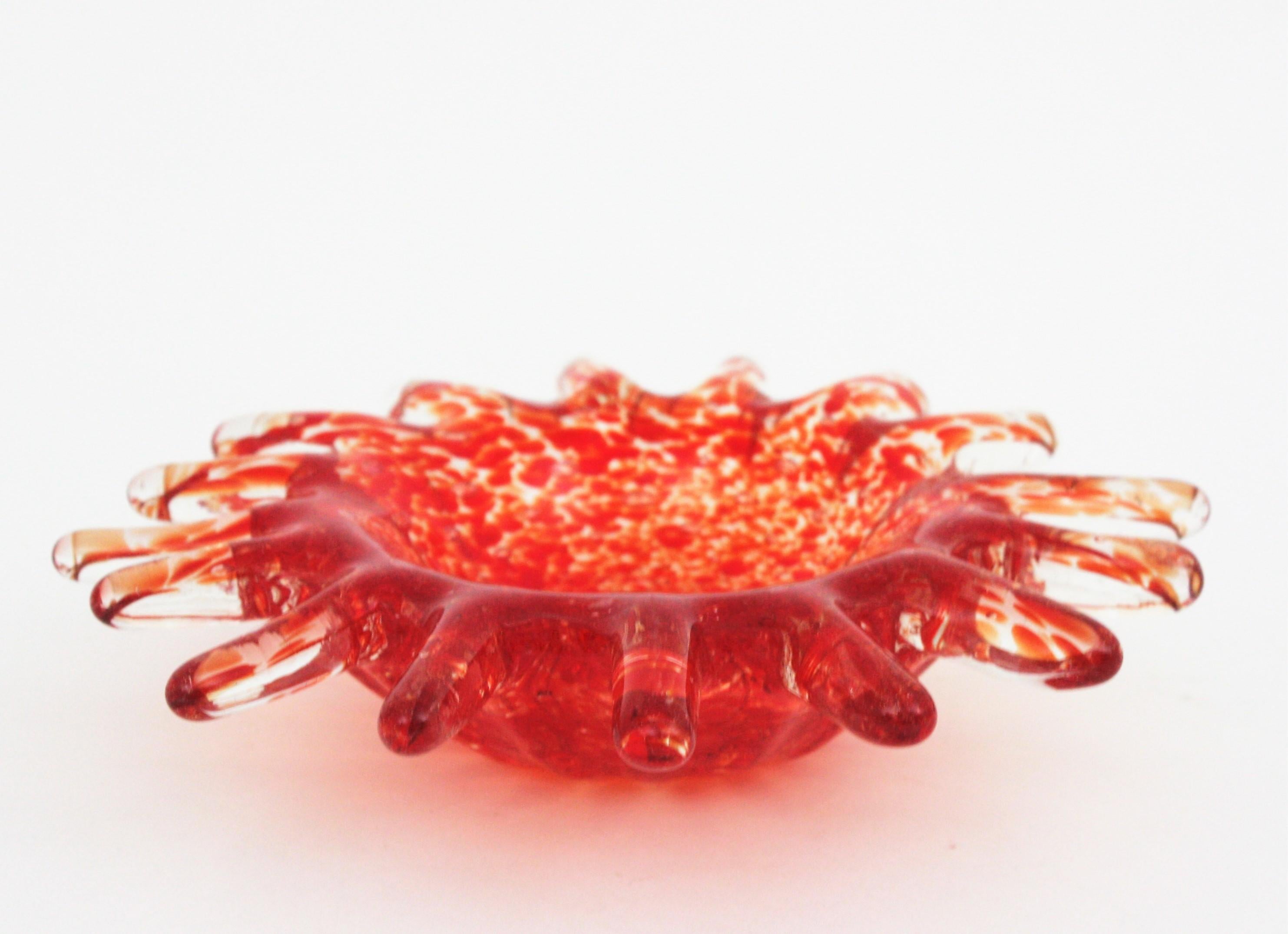 Mid-Century Modern Midcentury Murano Orange Sunburst Shaped Art Glass Bowl