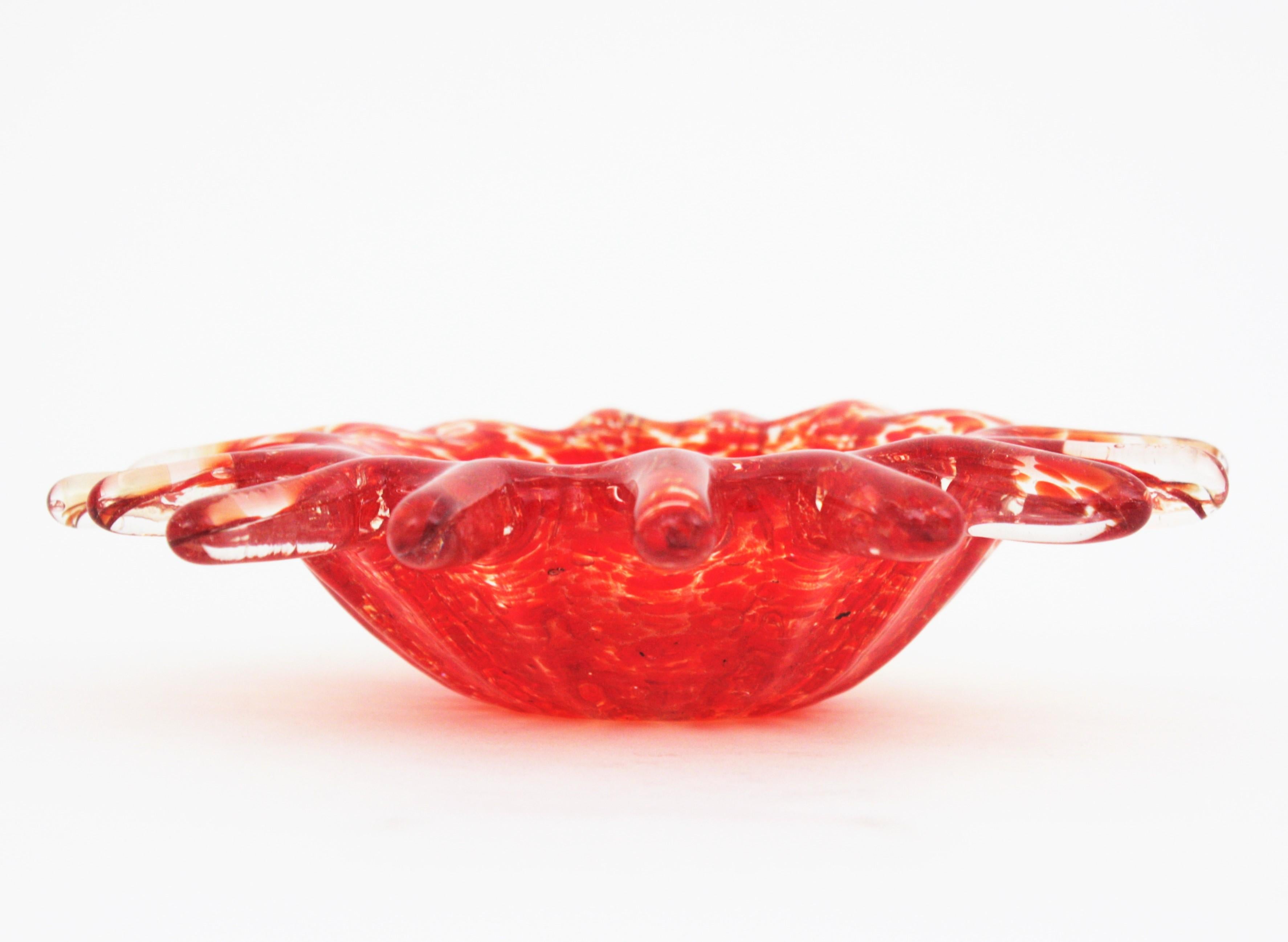 Italian Midcentury Murano Orange Sunburst Shaped Art Glass Bowl