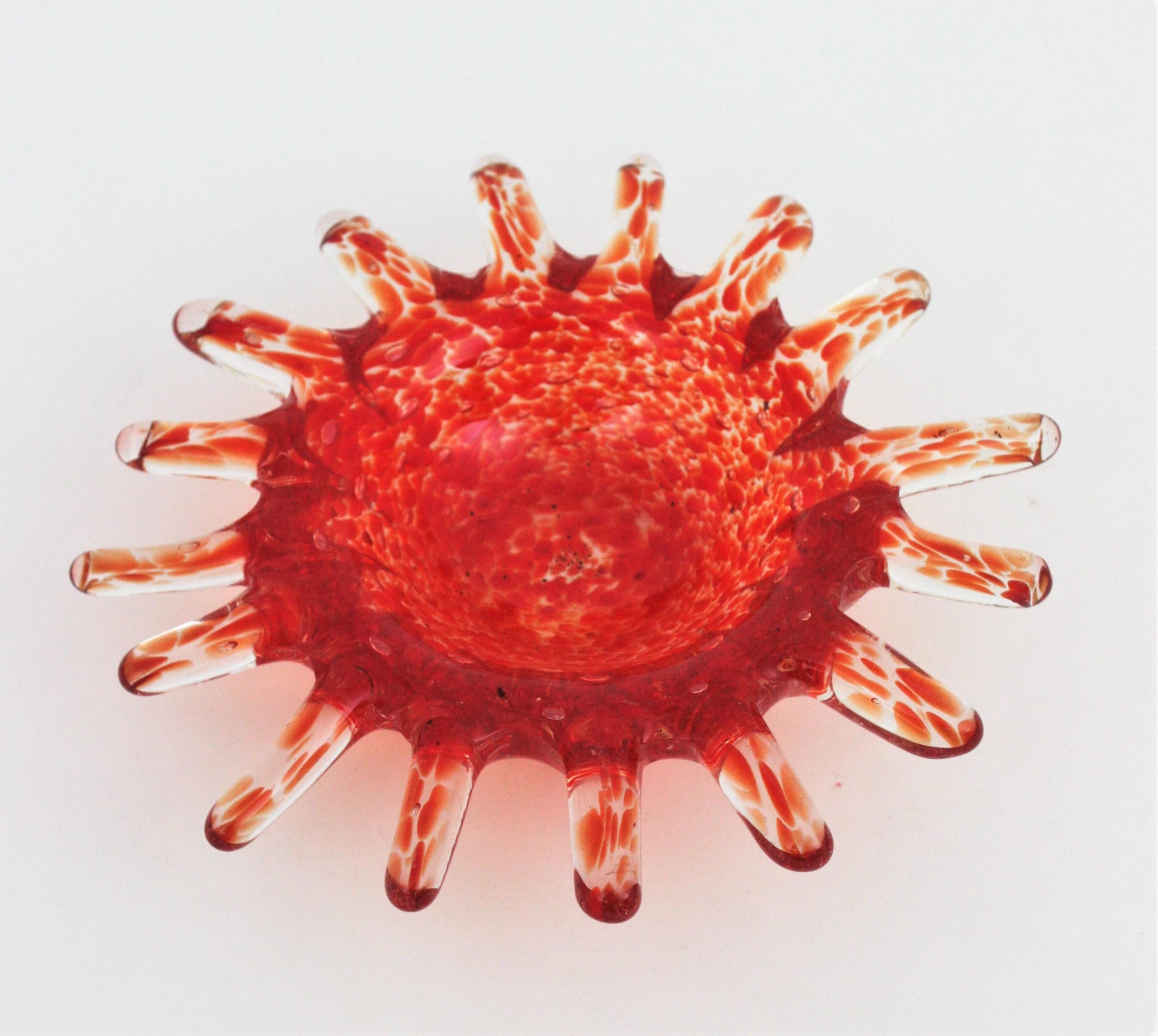 20th Century Midcentury Murano Orange Sunburst Shaped Art Glass Bowl