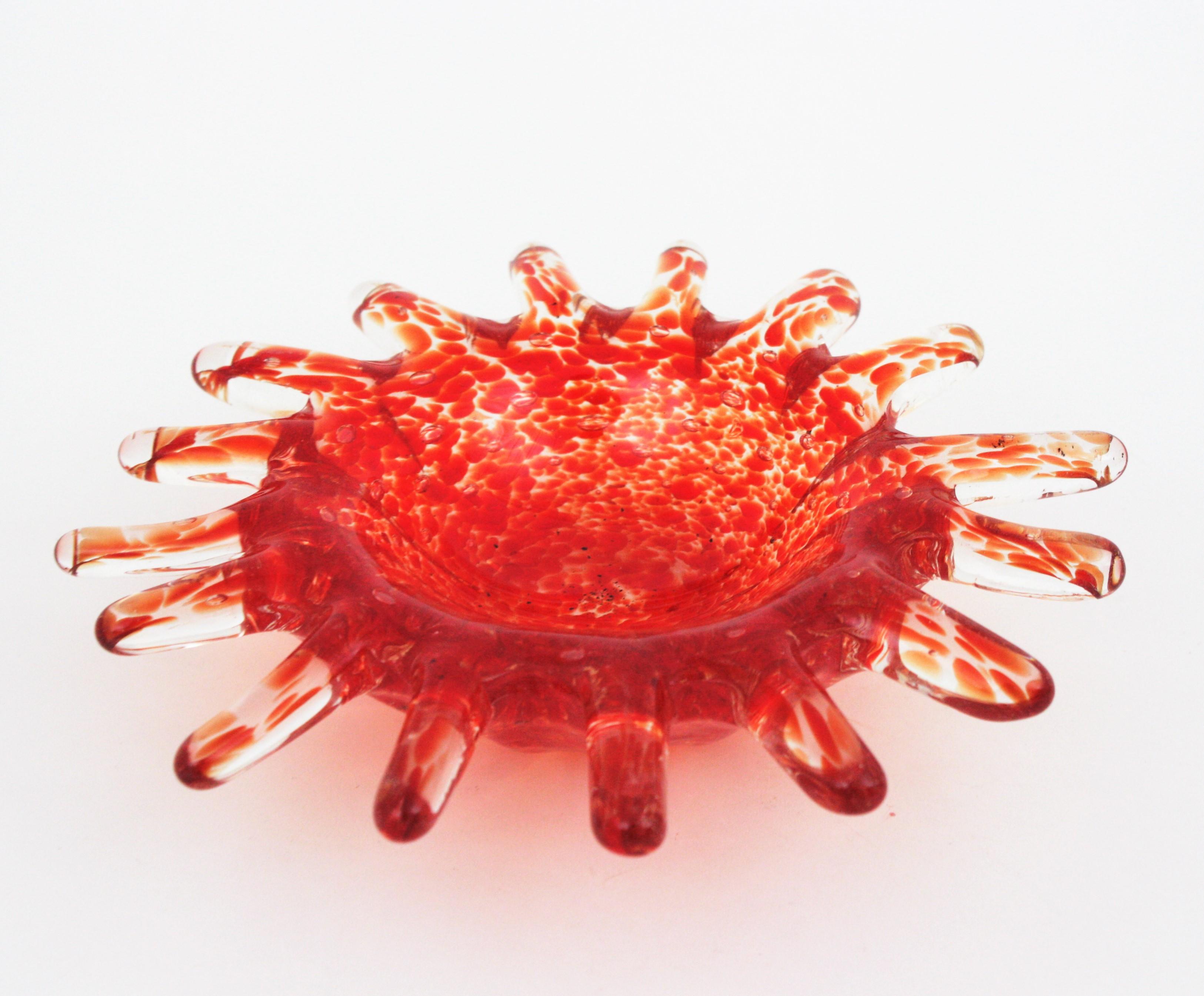 Midcentury Murano Orange Sunburst Shaped Art Glass Bowl 1