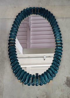 Murano Oval Aquamarine Blue Art Glass and Brass Console / Wall Mirror, 2020