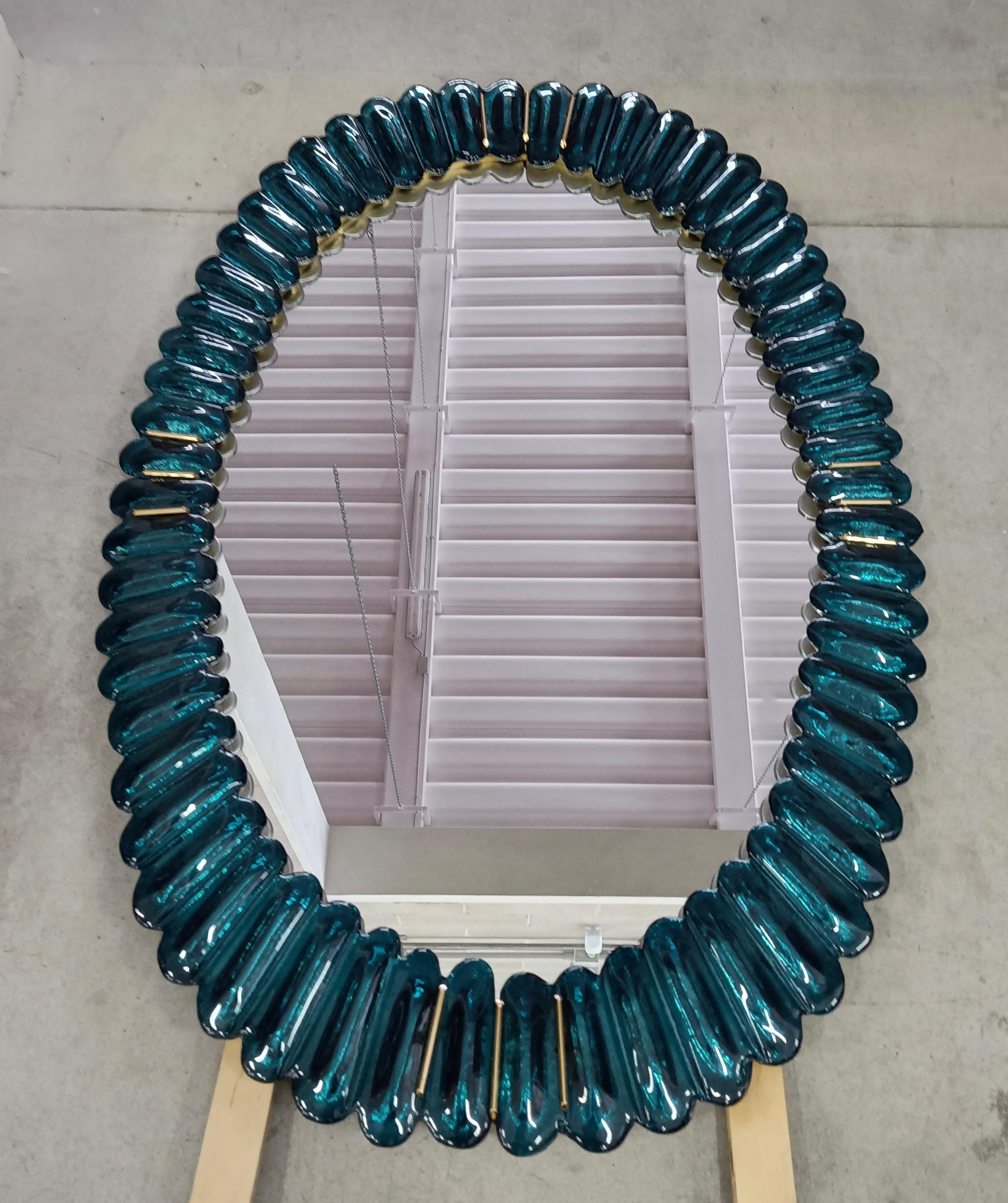 Mid-Century Modern Midcentury Murano Oval Aquamarine Blue Art Glass and Brass Wall Mirror, 2000 For Sale