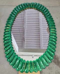 Murano Oval Emerald Art Glass and Brass Italian Console / Wall Mirror, 2020