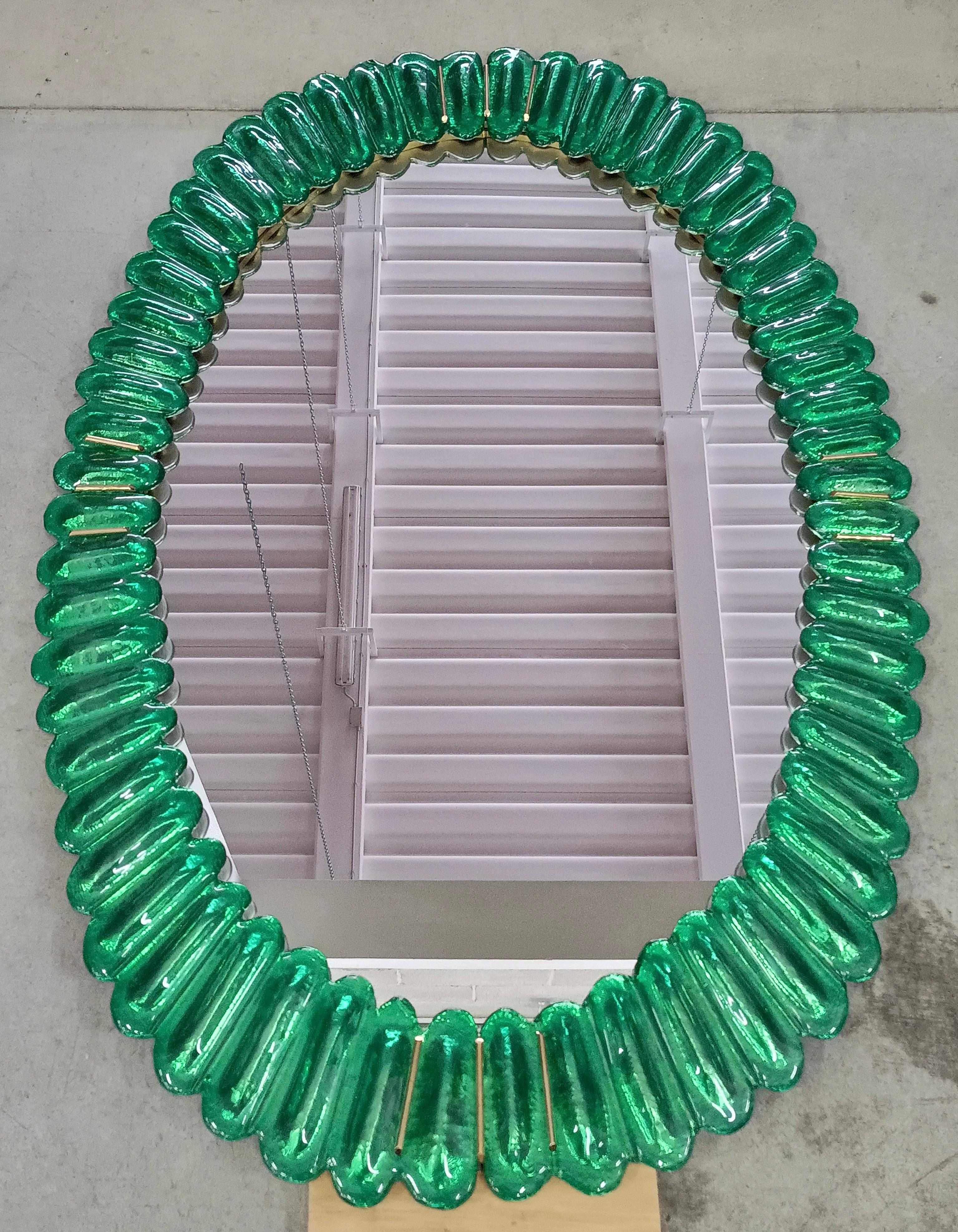 Contemporary Midcentury Murano Oval Emerald Art Glass and Brass Italian Wall Mirror, 2000 For Sale