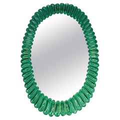 Specchio da parete ovale in vetro smeraldo e ottone di Murano del Medioevo, 2000