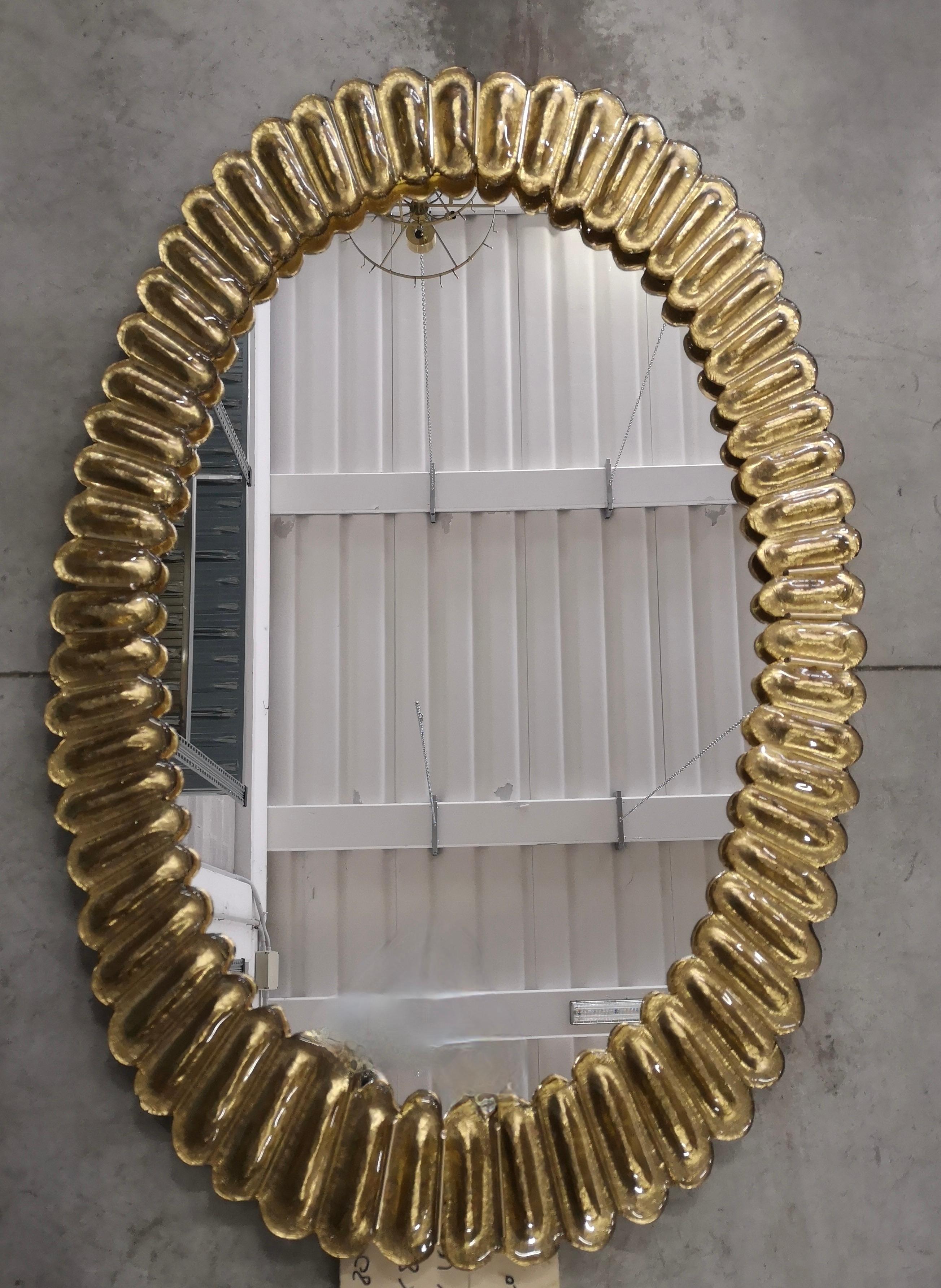 Contemporary Midcentury Murano Oval Gold Art Glass and Brass Italian Wall Mirror, 2020 For Sale