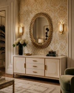 Midcentury Murano Oval Gold Art Glass and Brass Italian Wall Mirror, 2020