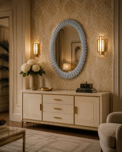 Midcentury Murano Oval Ice White Art Glass and Chrome Italian Wall Mirror, 2020
