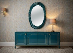 Midcentury Murano Oval Octane Art Glass and Brass Italian Wall Mirror, 2020