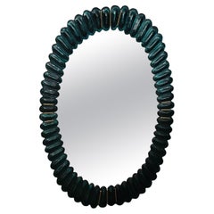 Midcentury Murano Oval Octane Art Glass and Brass Italian Wall Mirror, 2020