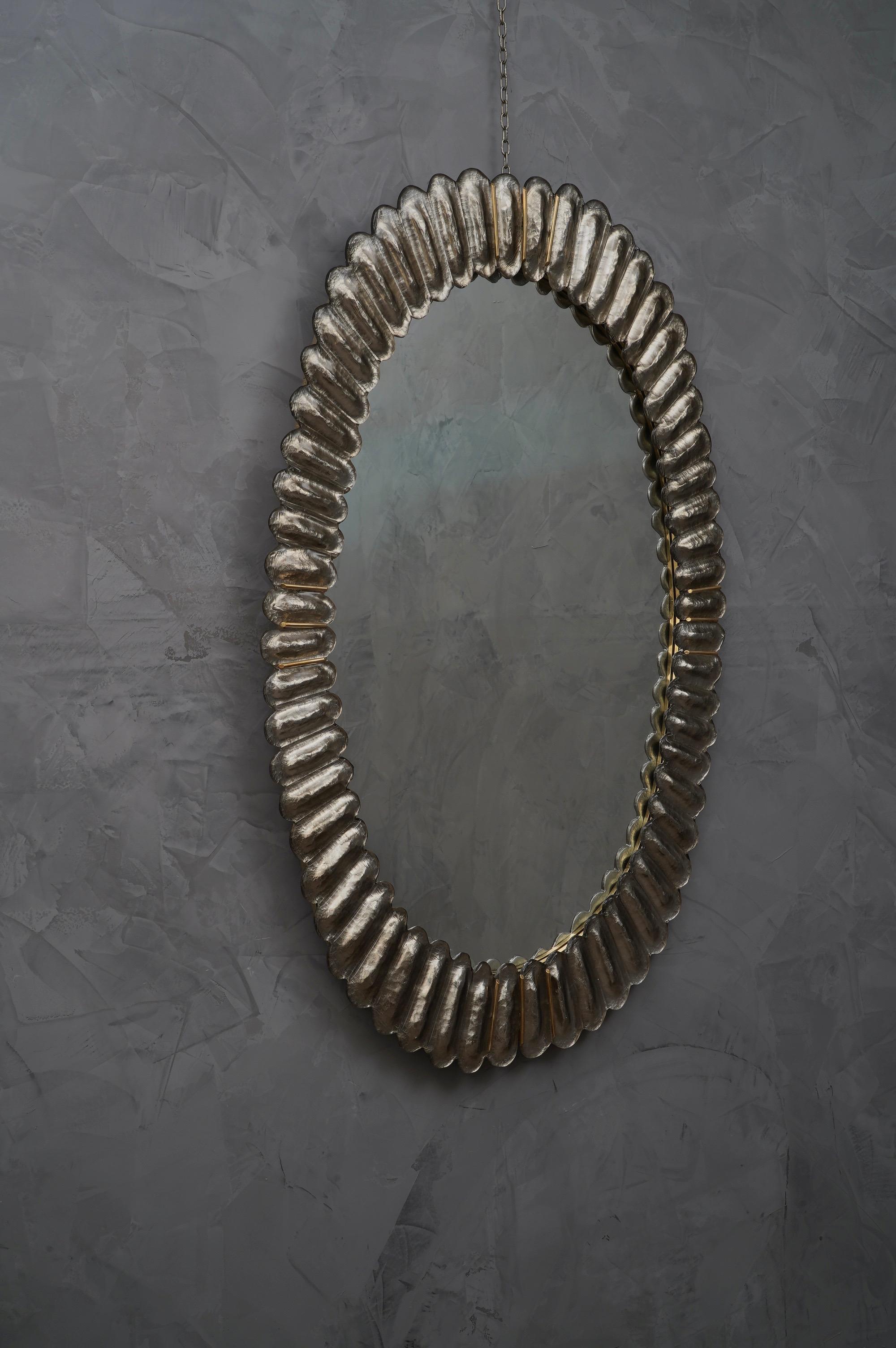 Midcentury Murano Oval Silver Art Glass and Brass Italian Wall Mirror, 1950 In Excellent Condition In Rome, IT