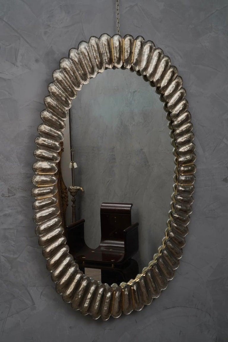 Midcentury Murano Oval Silver Art Glass and Brass Italian Wall Mirror, 1950 For Sale 3