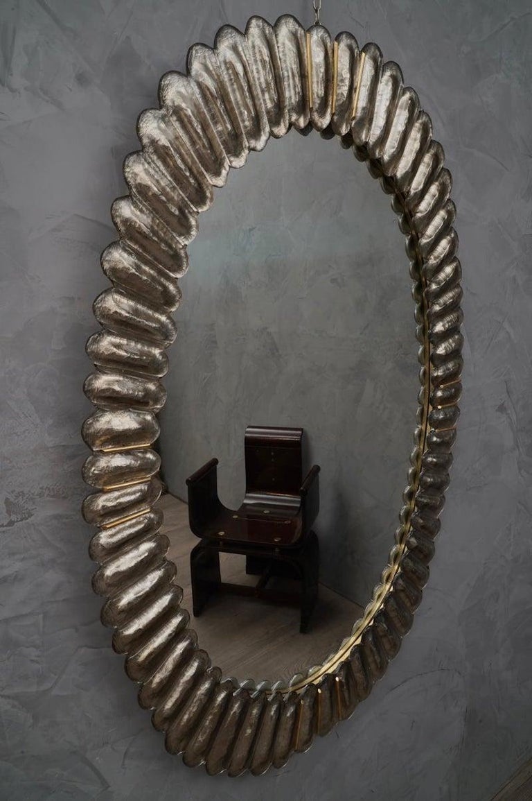 Midcentury Murano Oval Silver Art Glass and Brass Italian Wall Mirror, 1950 For Sale 4