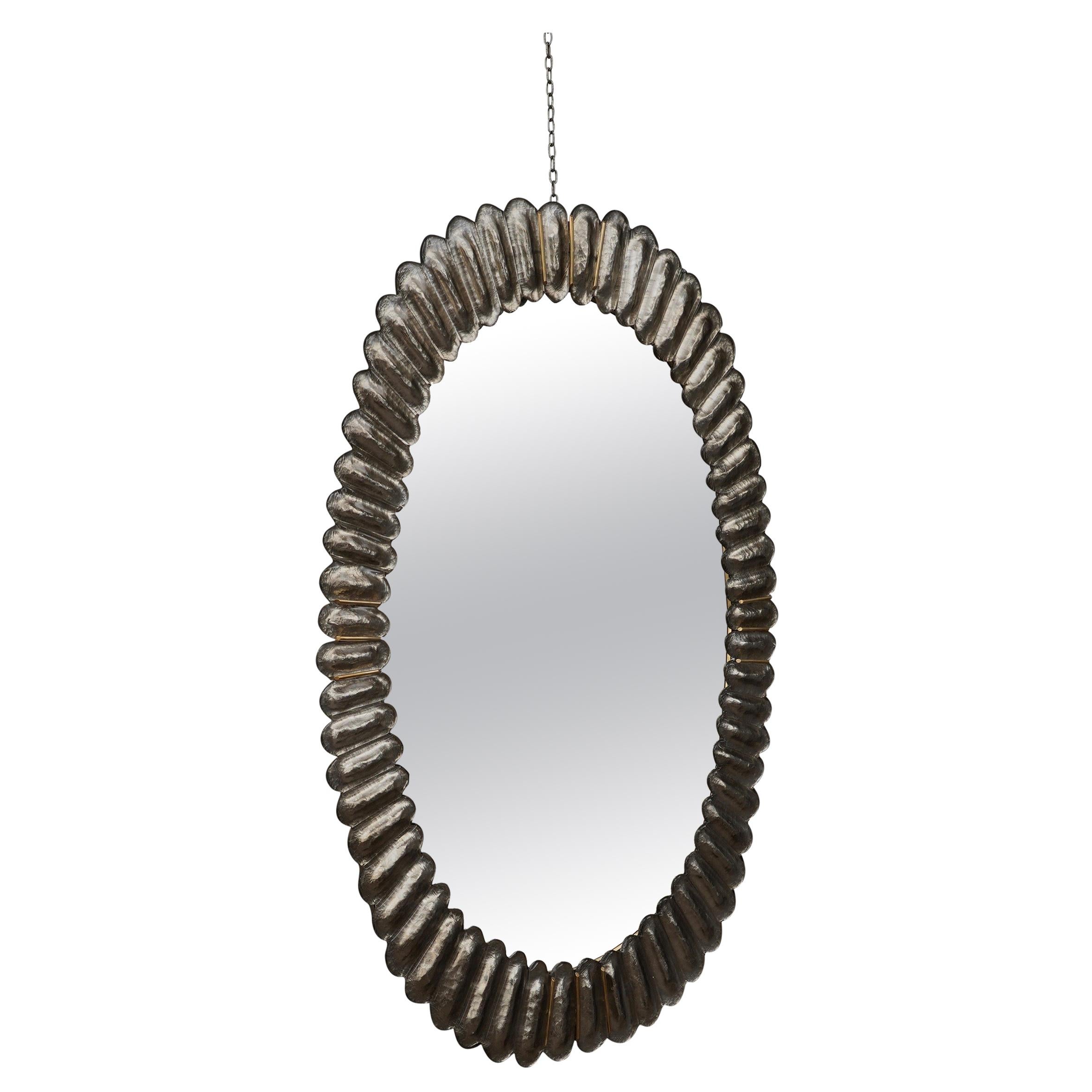 Midcentury Murano Oval Silver Art Glass and Brass Italian Wall Mirror, 1950
