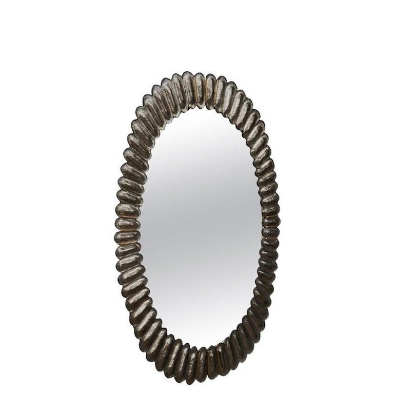 Midcentury Murano Oval Silver Art Glass and Brass Italian Wall Mirror, 1950 For Sale
