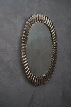 Midcentury Murano Oval Silver Art Glass and Brass Italian Wall Mirror, 2020