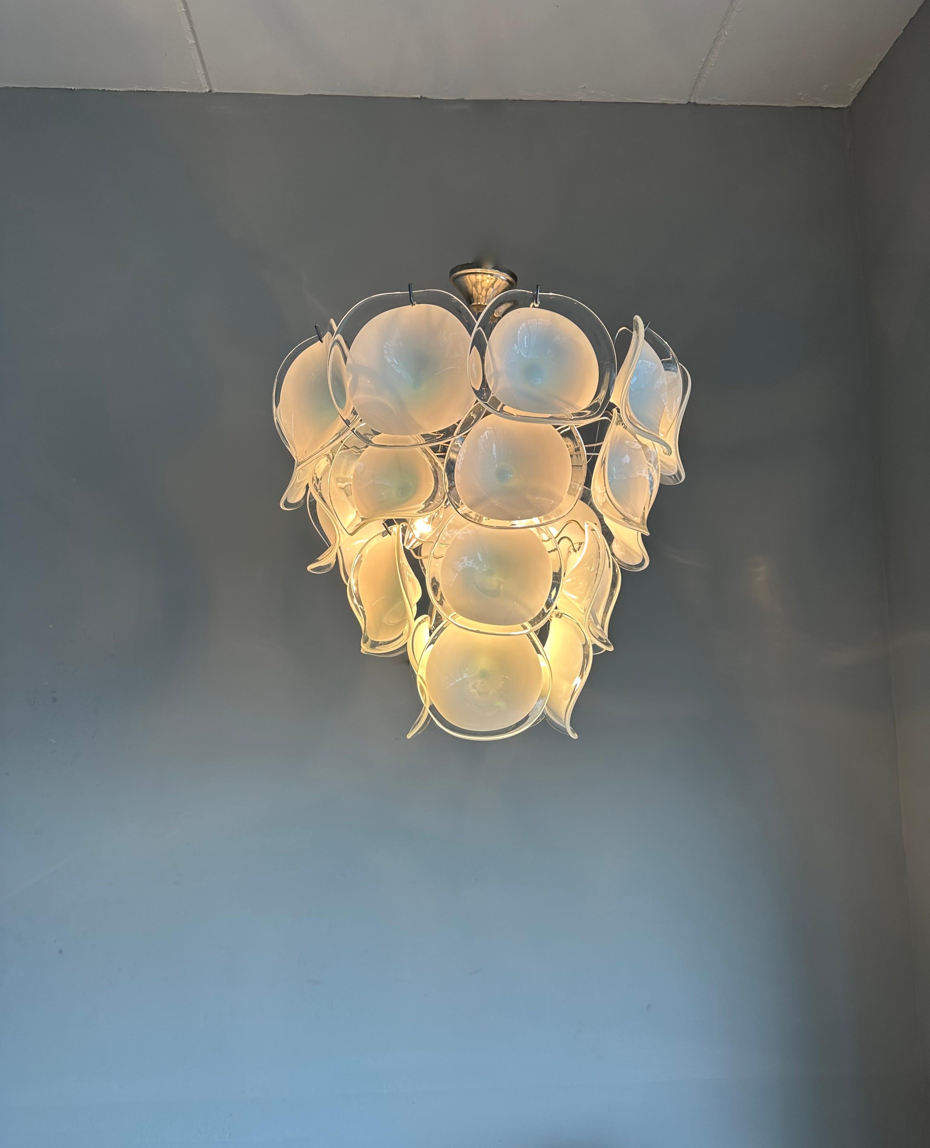 Chrome Midcentury Murano Pendant Chandelier w Stunning Mouth Blown Glass Discs, Vistosi For Sale