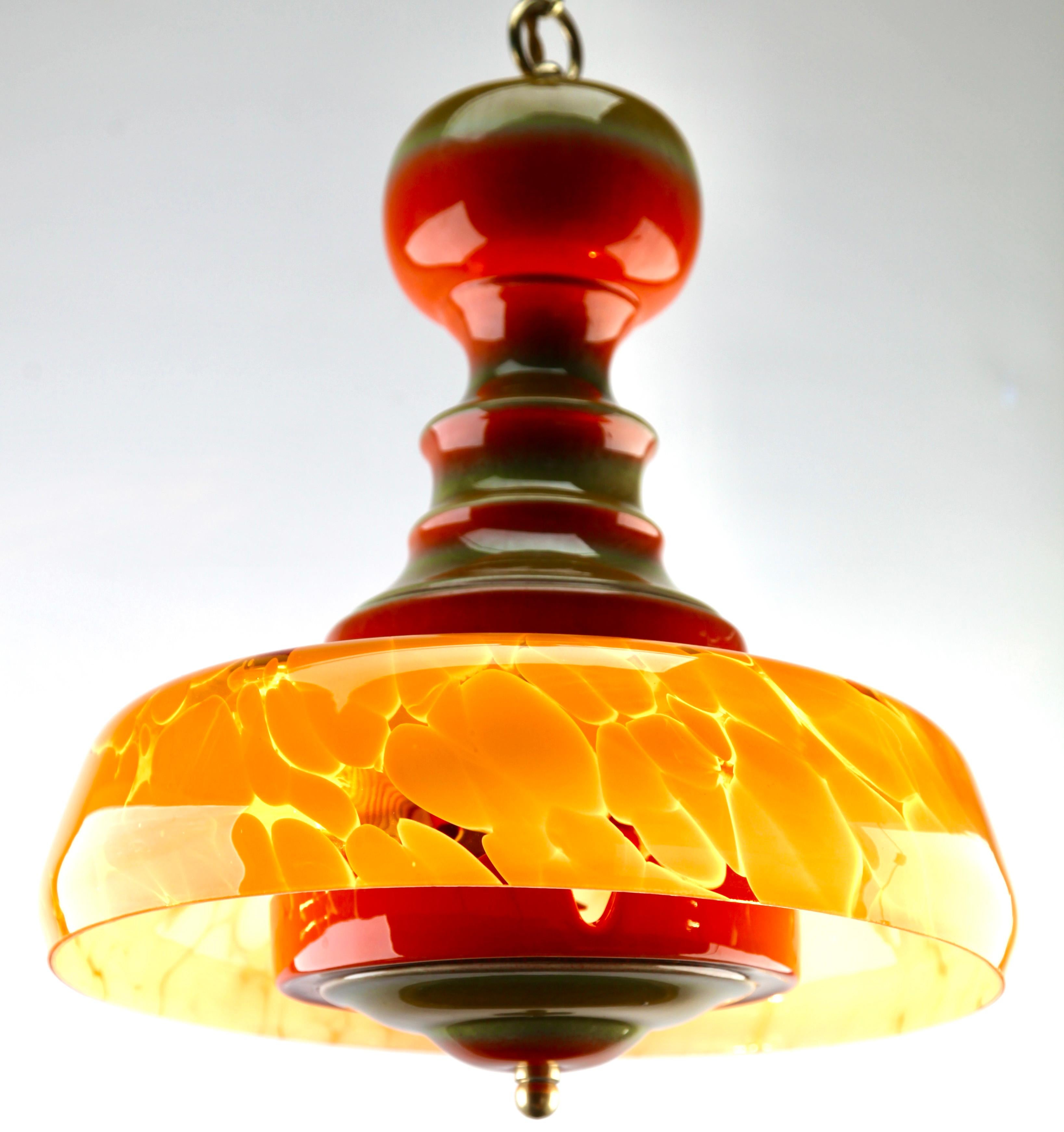 Brass Midcentury Murano Pendant Light, Glass Shade in Various Colours Ceramic Mount For Sale