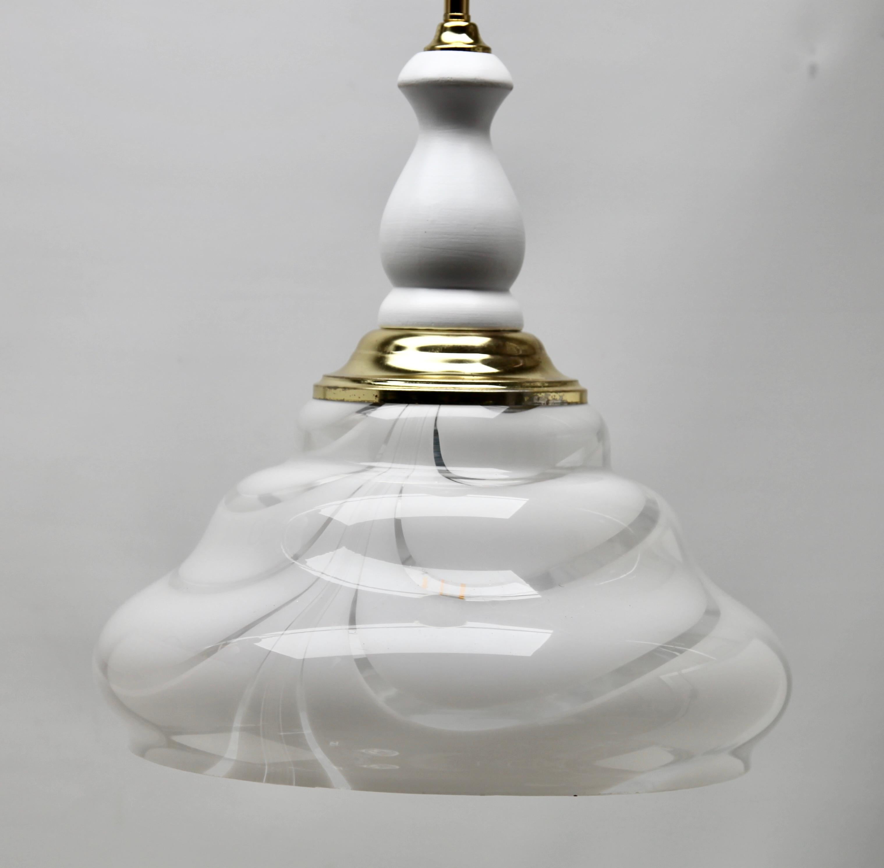Midcentury Murano Pendant Light, with Opaline Shade and Wooden Details For Sale 4