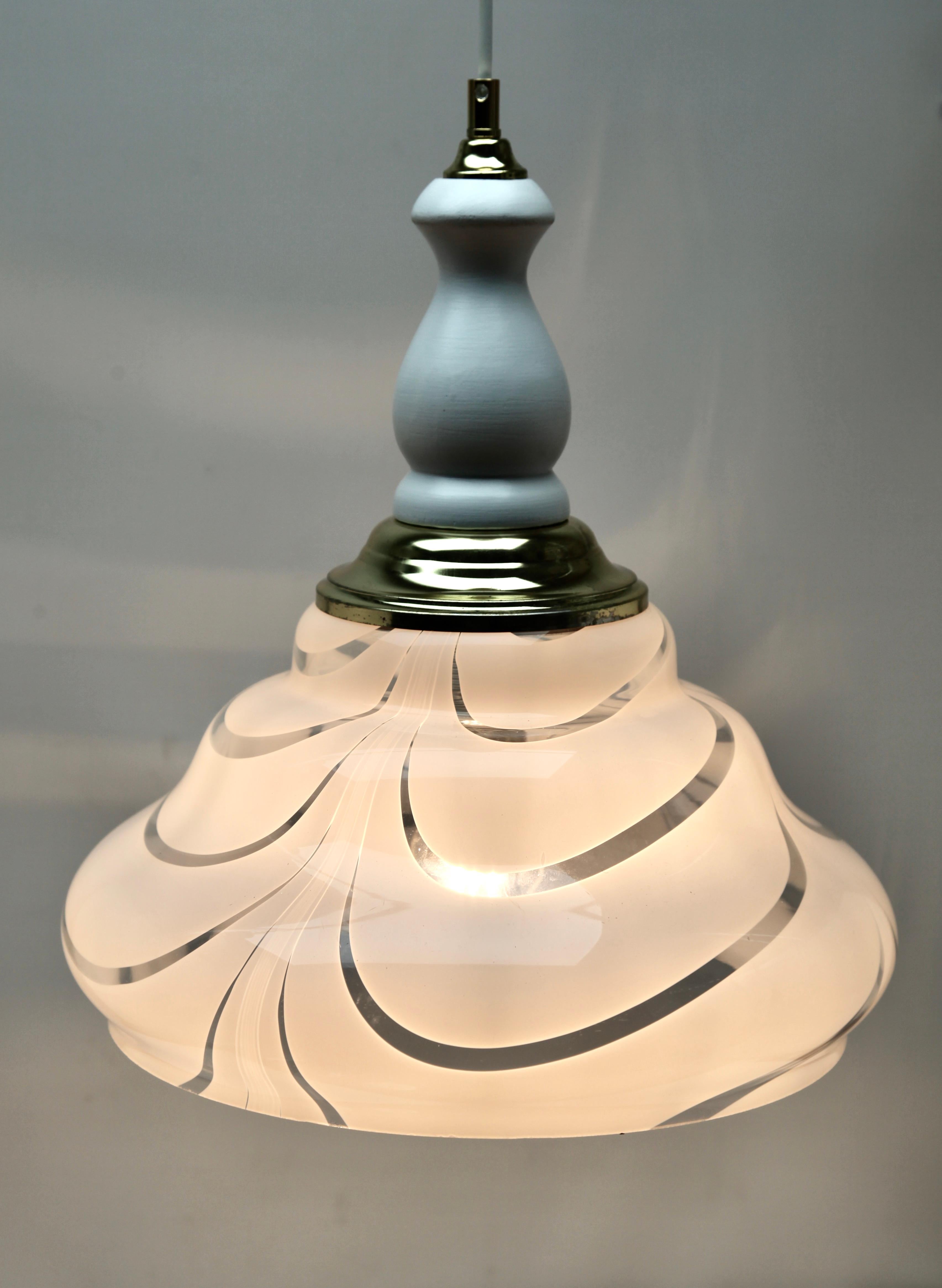 Midcentury Murano Pendant Light, with Opaline Shade and Wooden Details In Good Condition For Sale In Verviers, BE