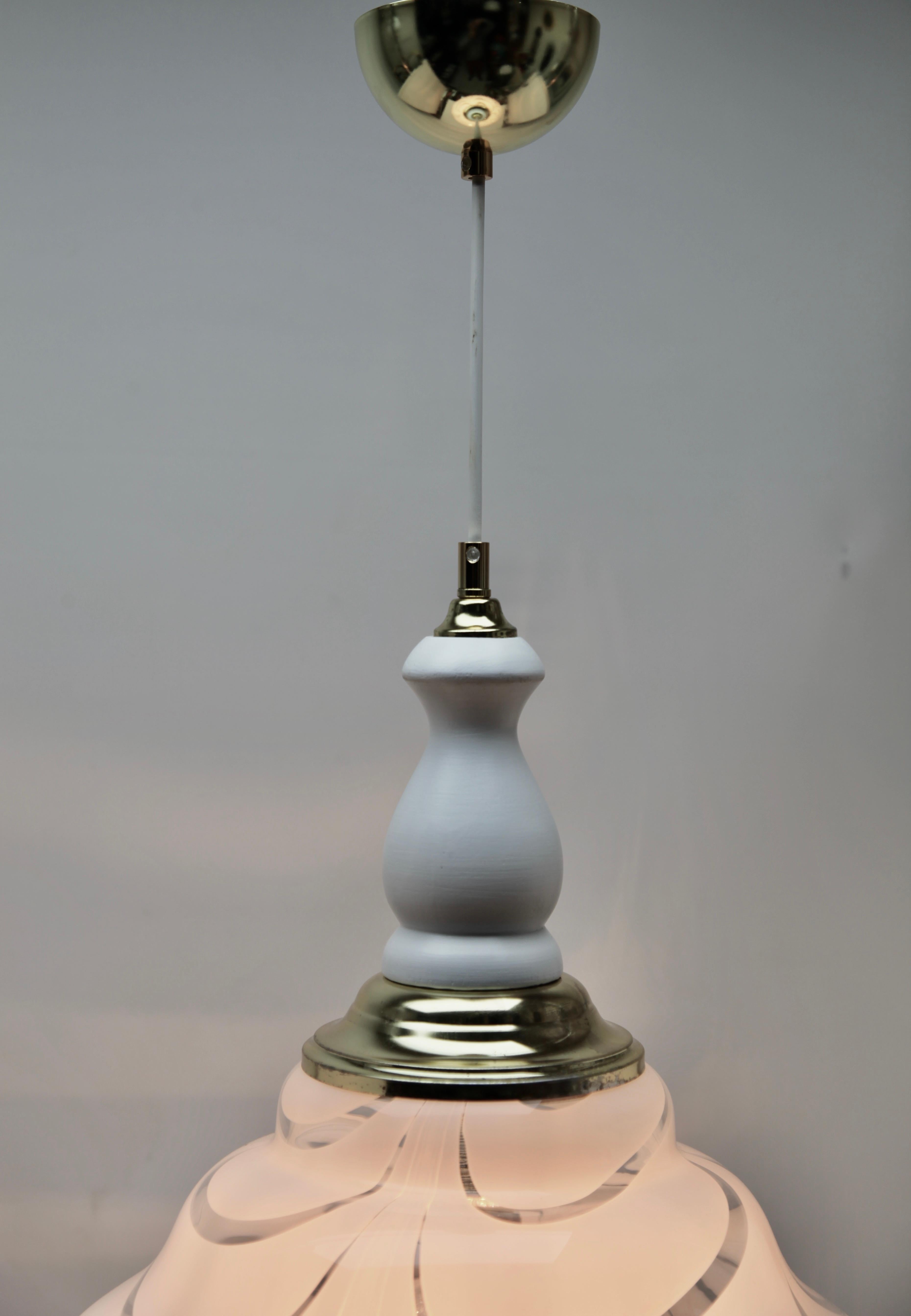 Mid-20th Century Midcentury Murano Pendant Light, with Opaline Shade and Wooden Details For Sale