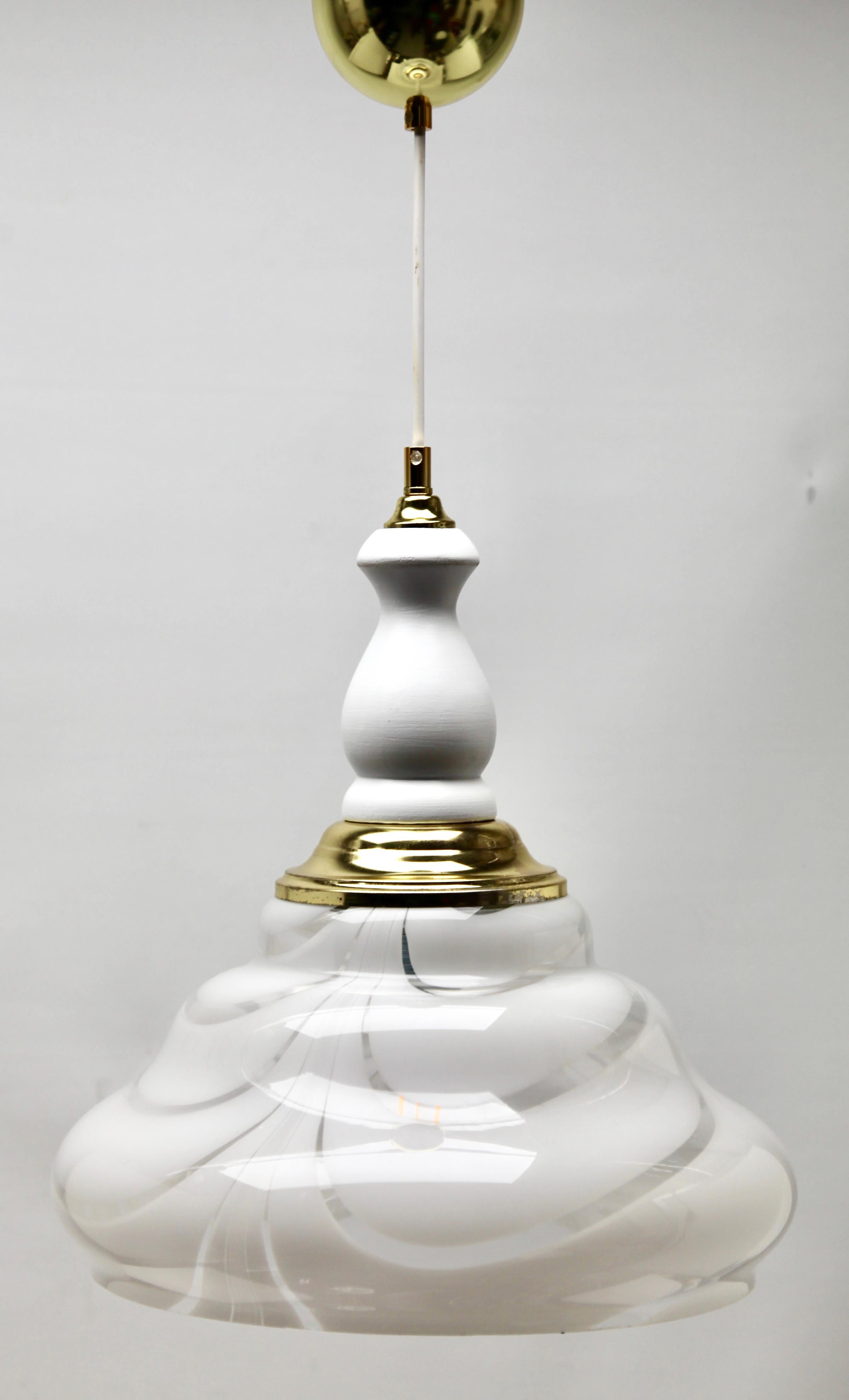 Midcentury Murano Pendant Light, with Opaline Shade and Wooden Details For Sale 1