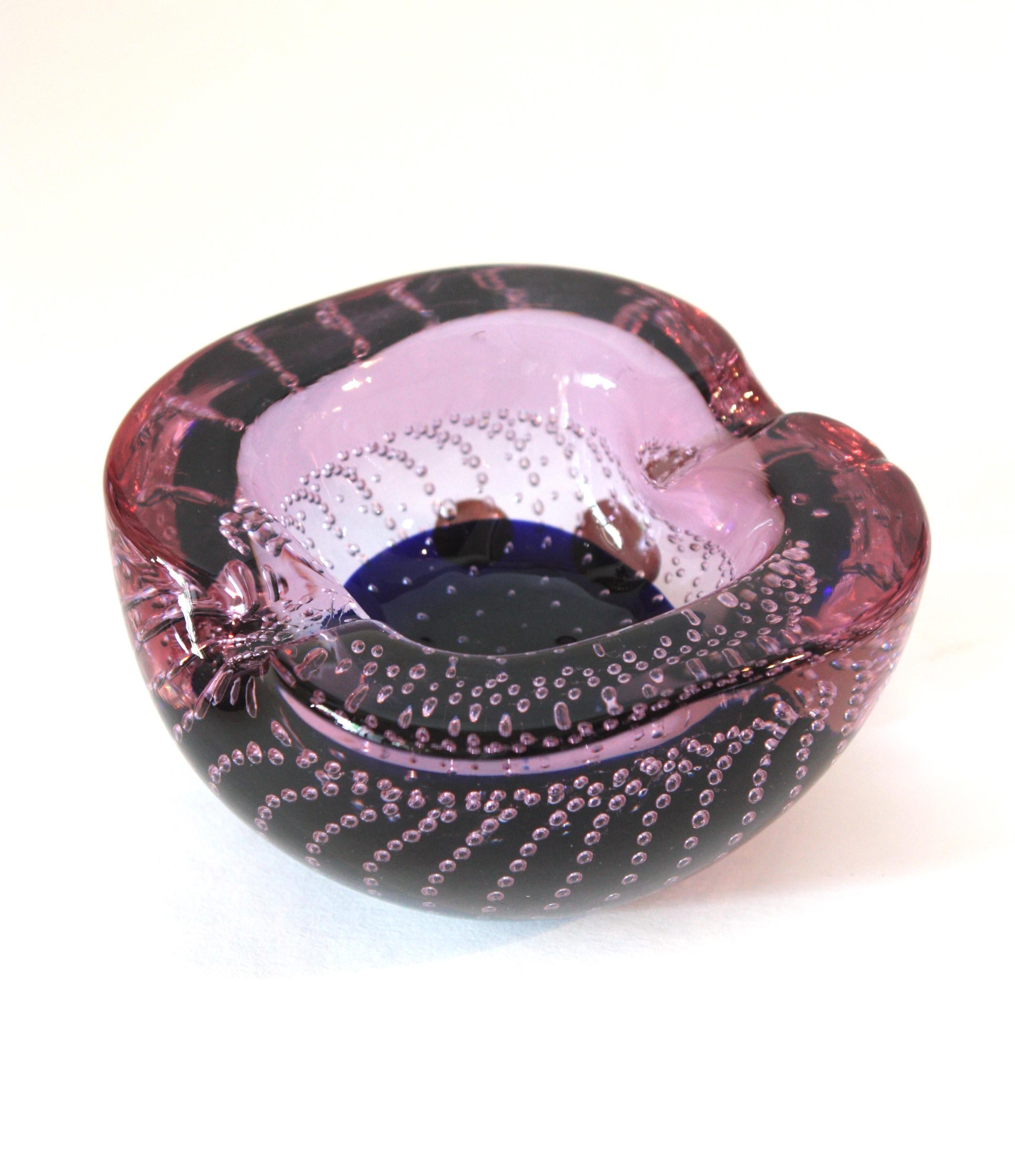 Mid-Century Modern Midcentury Murano Pink Purple Bubbles Geode Art Glass Bowl by Galliano Ferro For Sale