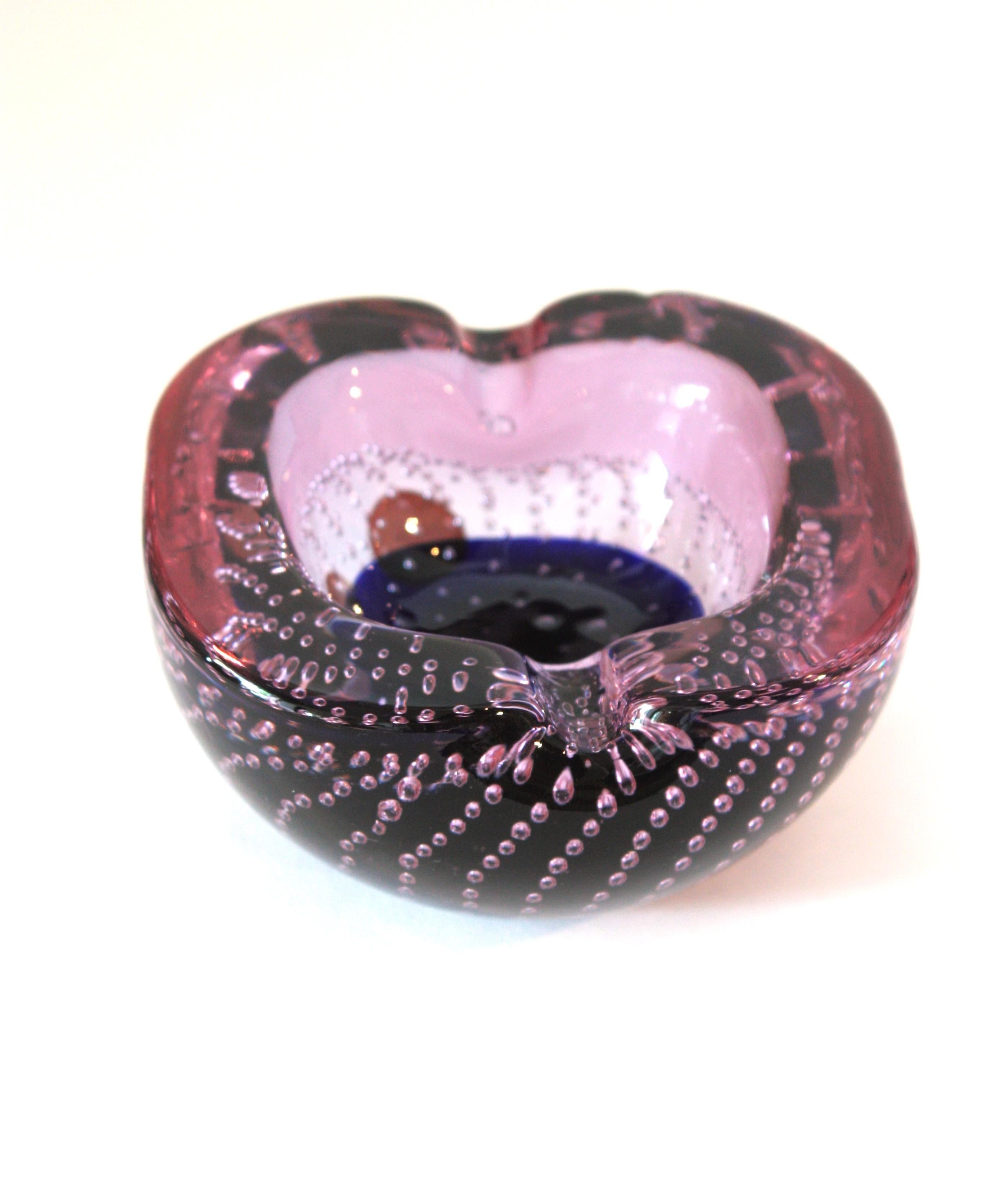 Hand-Carved Midcentury Murano Pink Purple Bubbles Geode Art Glass Bowl by Galliano Ferro For Sale