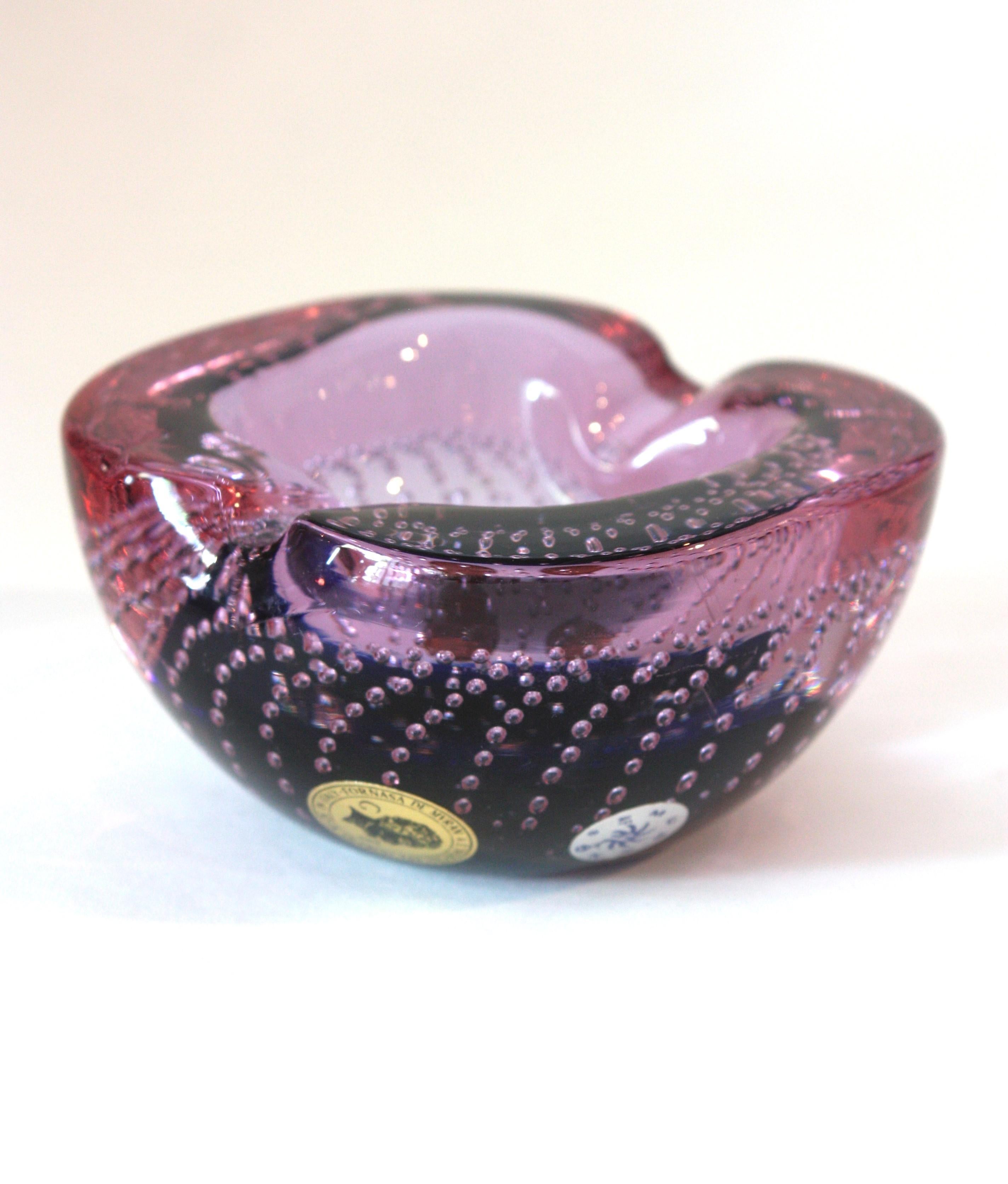 20th Century Midcentury Murano Pink Purple Bubbles Geode Art Glass Bowl by Galliano Ferro For Sale