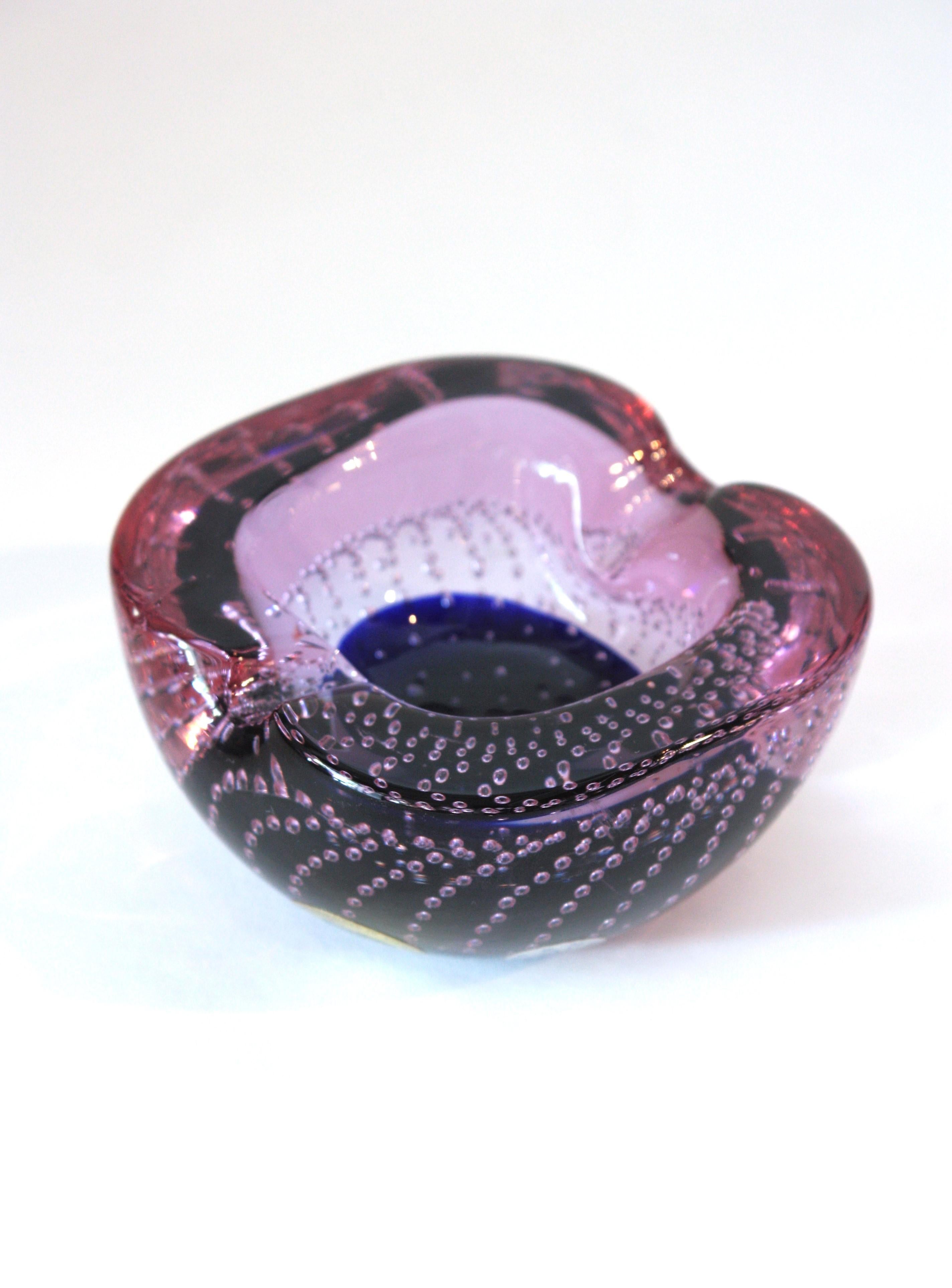 Midcentury Murano Pink Purple Bubbles Geode Art Glass Bowl by Galliano Ferro For Sale 1